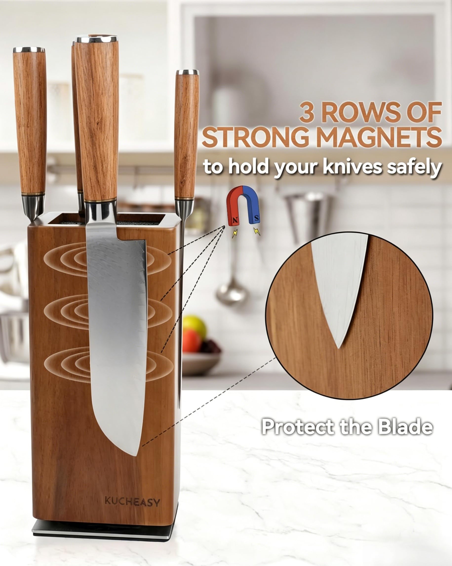Ceppo magnetico per coltelli, girevole a 360°, universale, in legno, con quattro magneti laterali ultra forti, scaffale per coltelli con setole rimovibili, portaoggetti multifunzionale per