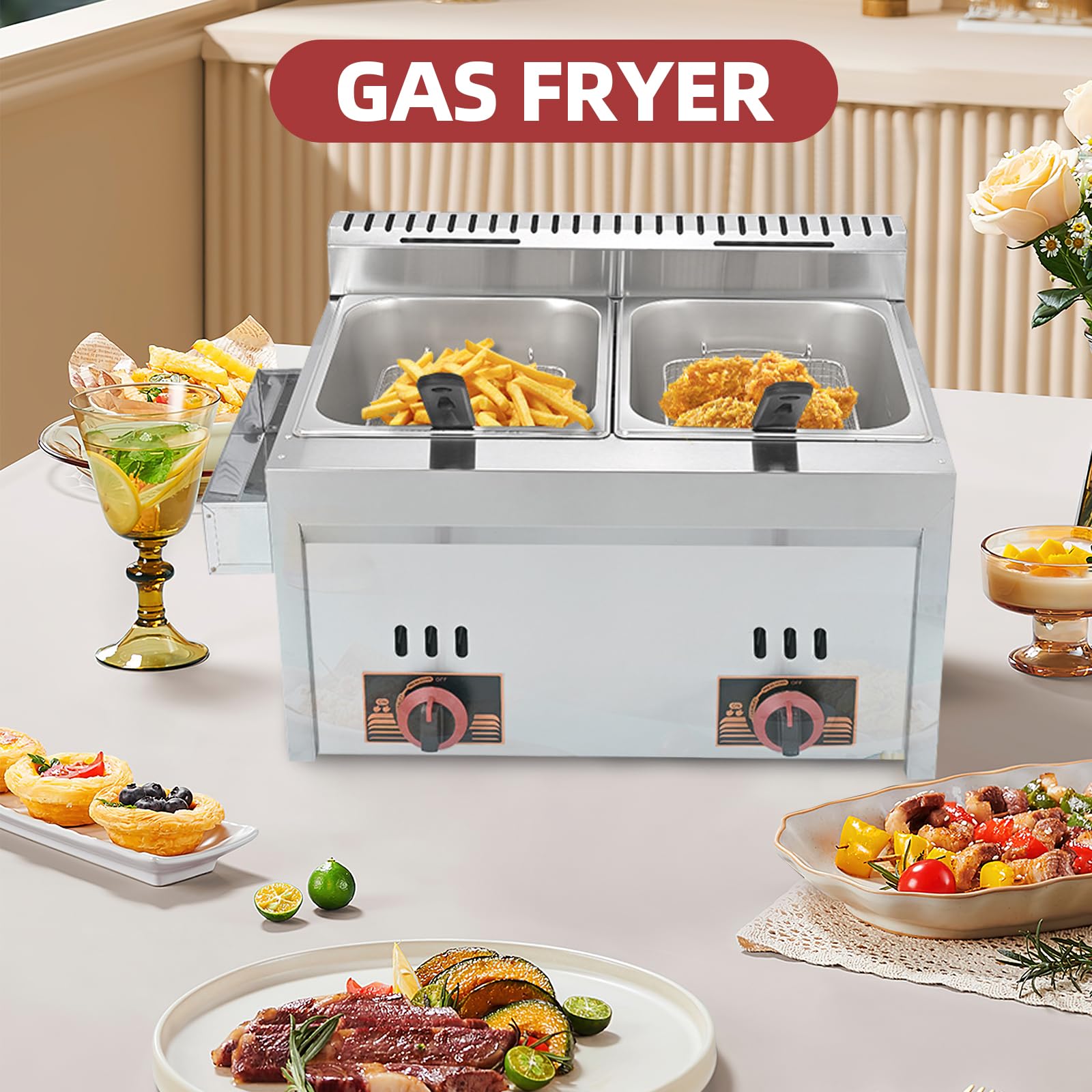 Friggitrice a gas professionale, friggitrice a gas, 8 l, 2 cestini rimovibili, temperatura regolabile, acciaio inossidabile alimentare, per ristorante, snack bar, cibo e uso domestico (8 l+8 l)