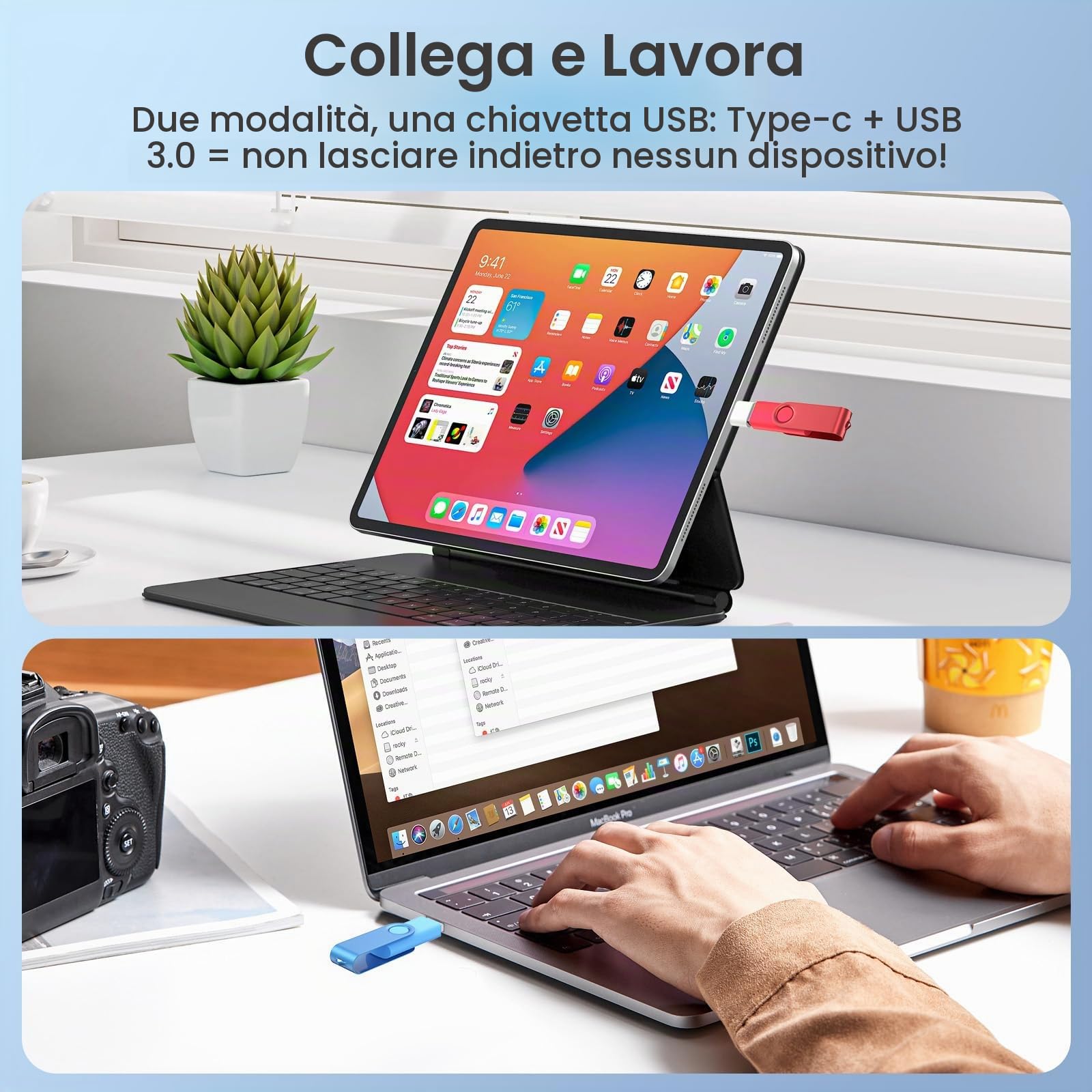 2 Chiavette USB 3.0 64GB Blu e Verde,WOOOLKEN Portachiavi e Type-C | per Scuola, Ufficio, Backup, Trasferimento Dati