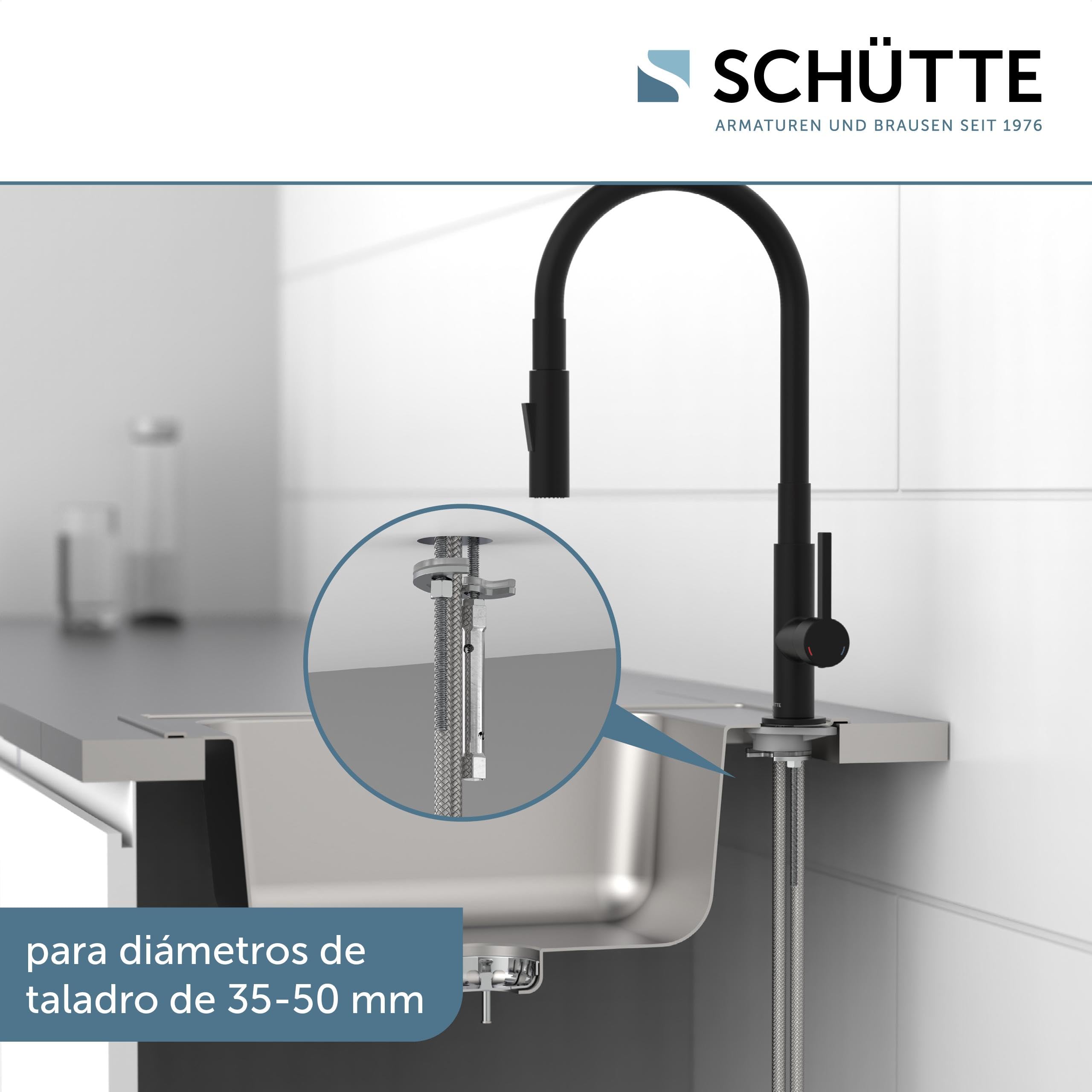 SCHÜTTE GLASGOW 79586 - Grifo flexible para fregadero con función Eco-Click, grifo flexible para la cocina negro, caño con manguera de tacto suave, giratorio 360 grados, grifo de cocina