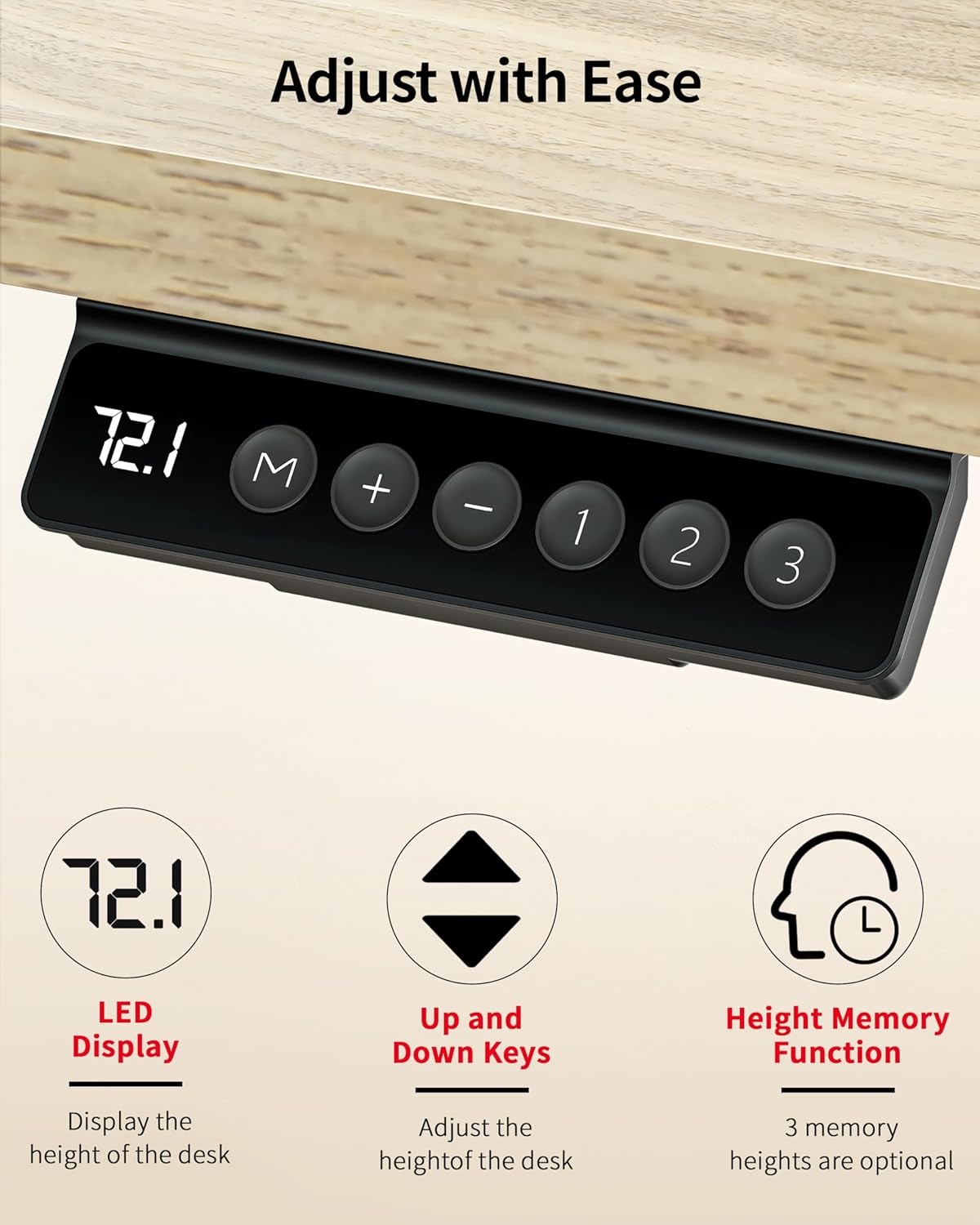 Close-up of the Okin Standing Desk control panel with LED display, up/down keys, and 3 height memory functions.
