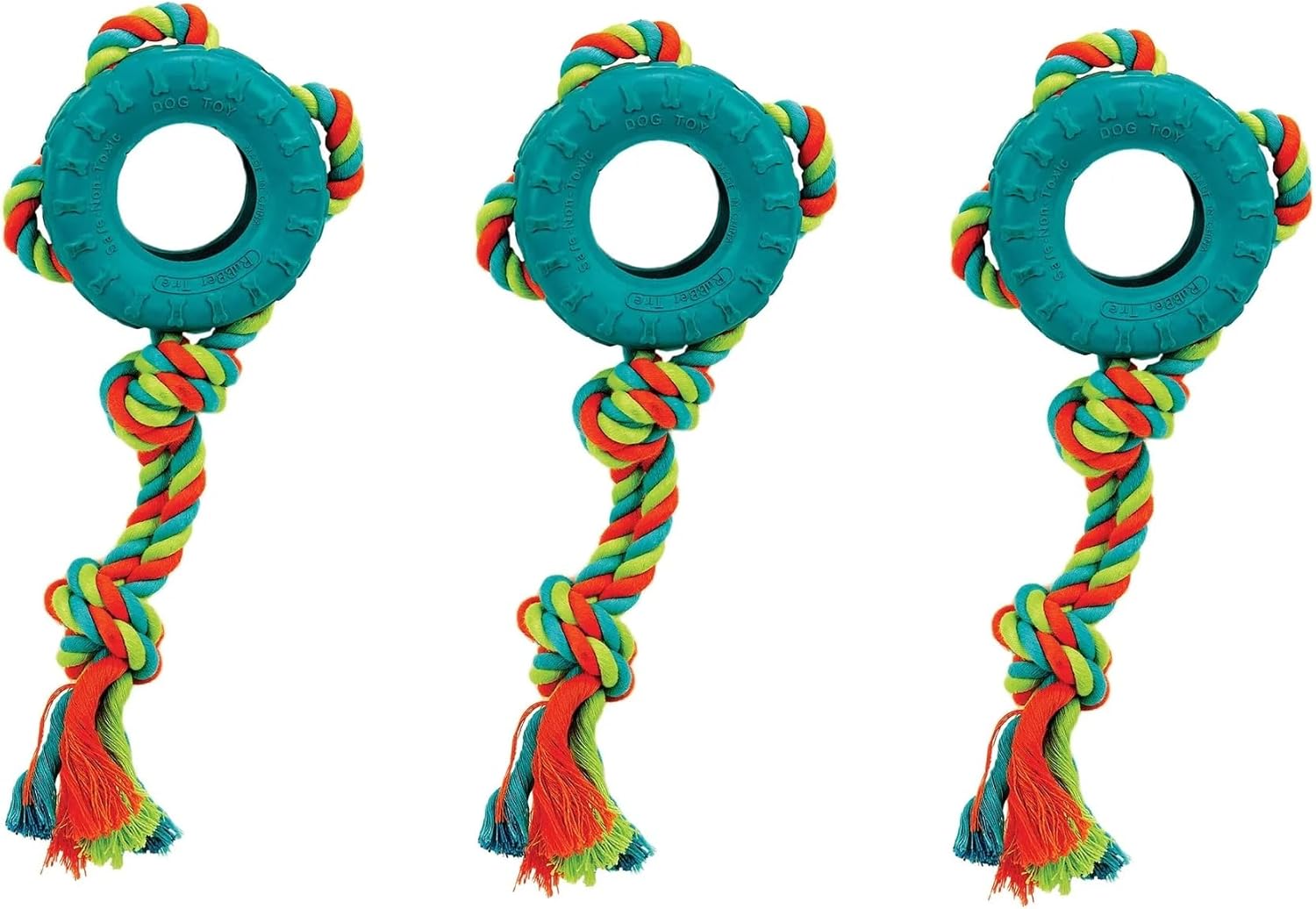 Colorful Tire Tug Dog Toy 10" Rope Tough Rubber Textured Gum Massage Toss Tug Fetch (3 Tug Toys)