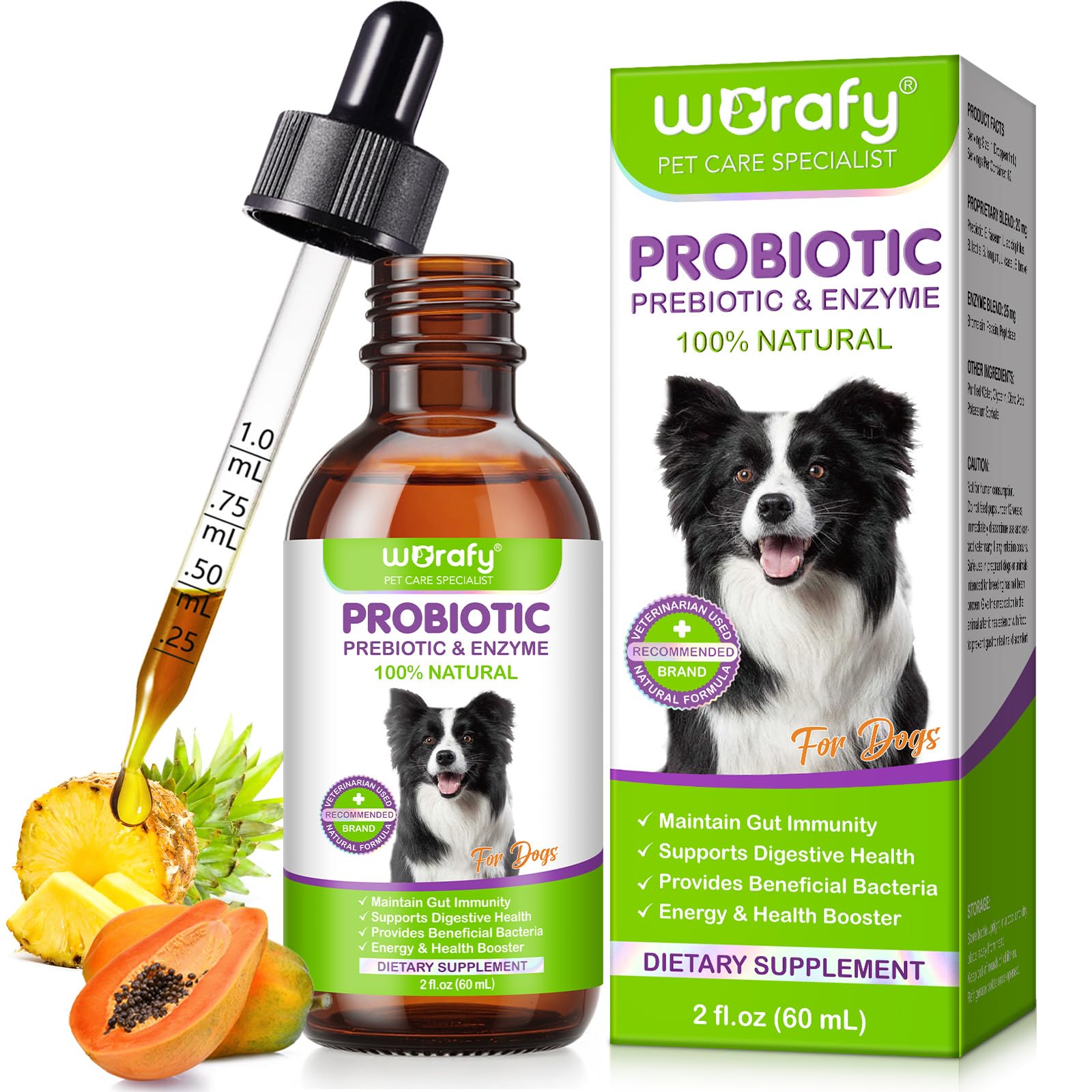 Probiotika Hund 60ml, 3 in1 Flüssige Probiotika für Hunde, Hunde Probiotikum mit Präbiotika, Unterstützung Der Darmgesundheit, Stärkung des Immunsystem, Probiotische Tropfen für Alle Hund