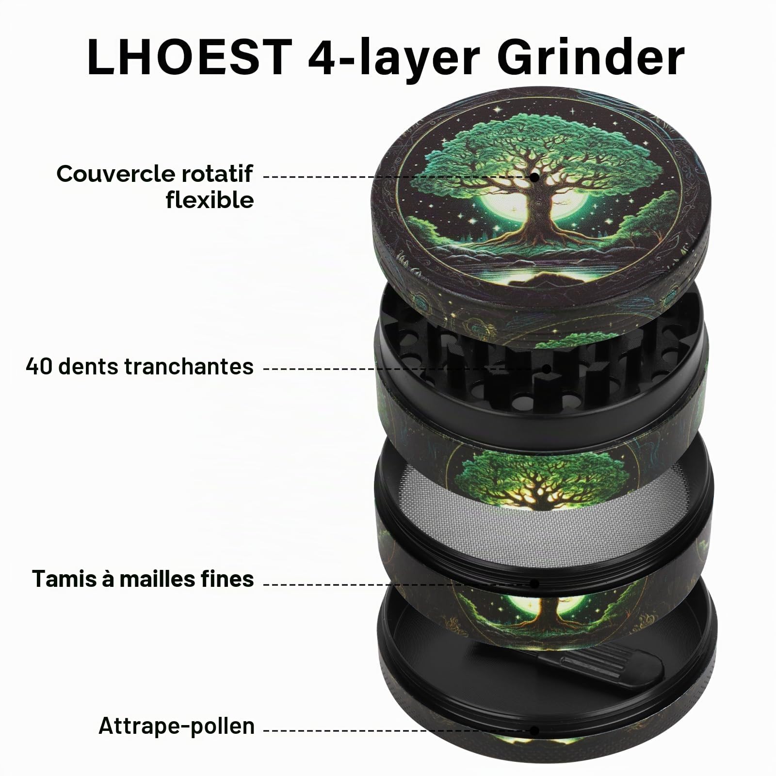 Grinder Grand broyeur 63 mm 40 dents de broyage Moulin à épices avec motif arbre en métal Lot de 4 pièces pour épices, épices, pollen