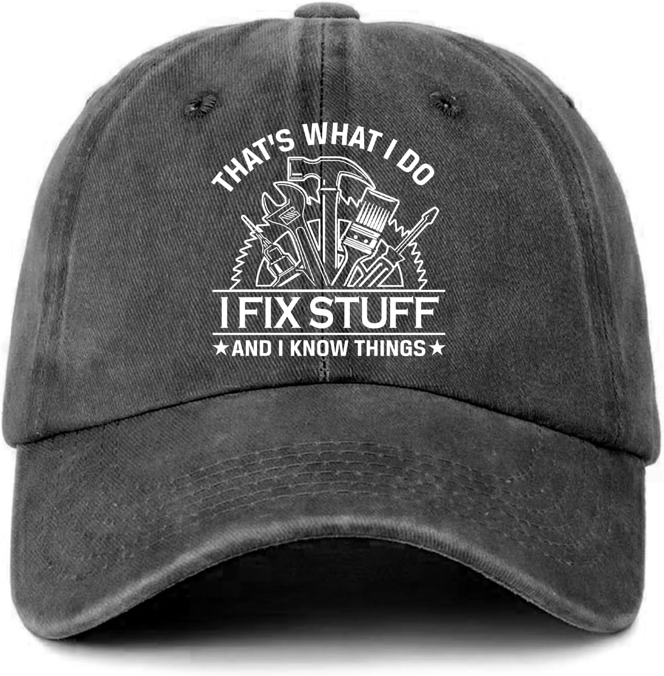 Funny Tool Hats That's What I Do I Fix Stuff and I Know Things Printed Cotton Adjustable Baseball Caps Men's Distressed Black Baseball Hats Trendy Birthday Gifts for Dad Husband Neighbor