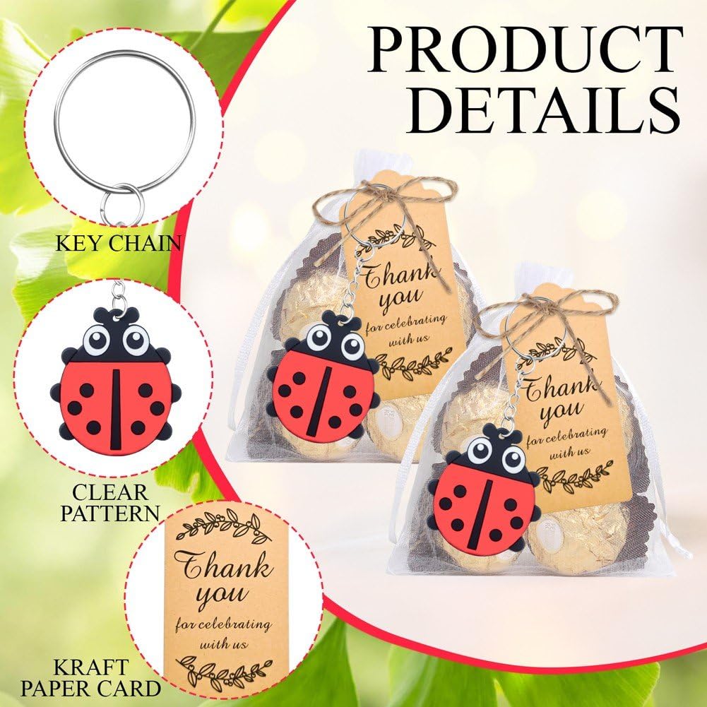 Confezione 20 Bomboniere a Tema Coccinella, Include 20 Portachiavi, 20 Etichette E 20 Sacchetti Regalo per Feste a Tema Coccinella, Baby Shower, Compleanni, Riempitivi per Sacchetti Regalo