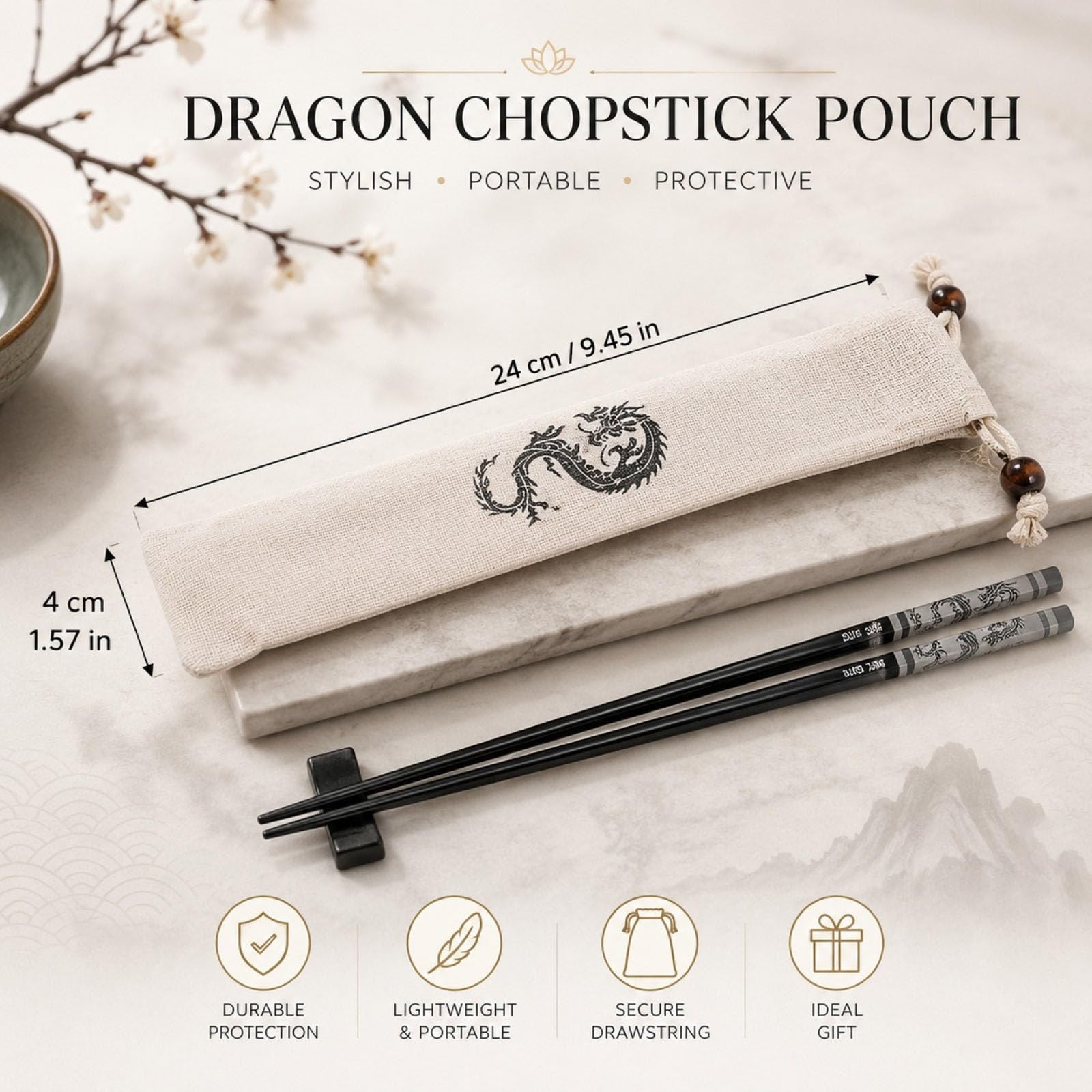 LOGOFUN Palillos de dragón de acero inoxidable de estilo chino, palillos de metal antideslizantes con bolsillo con cordón para suministros de cocina del hogar, color negro, 23,5 cm