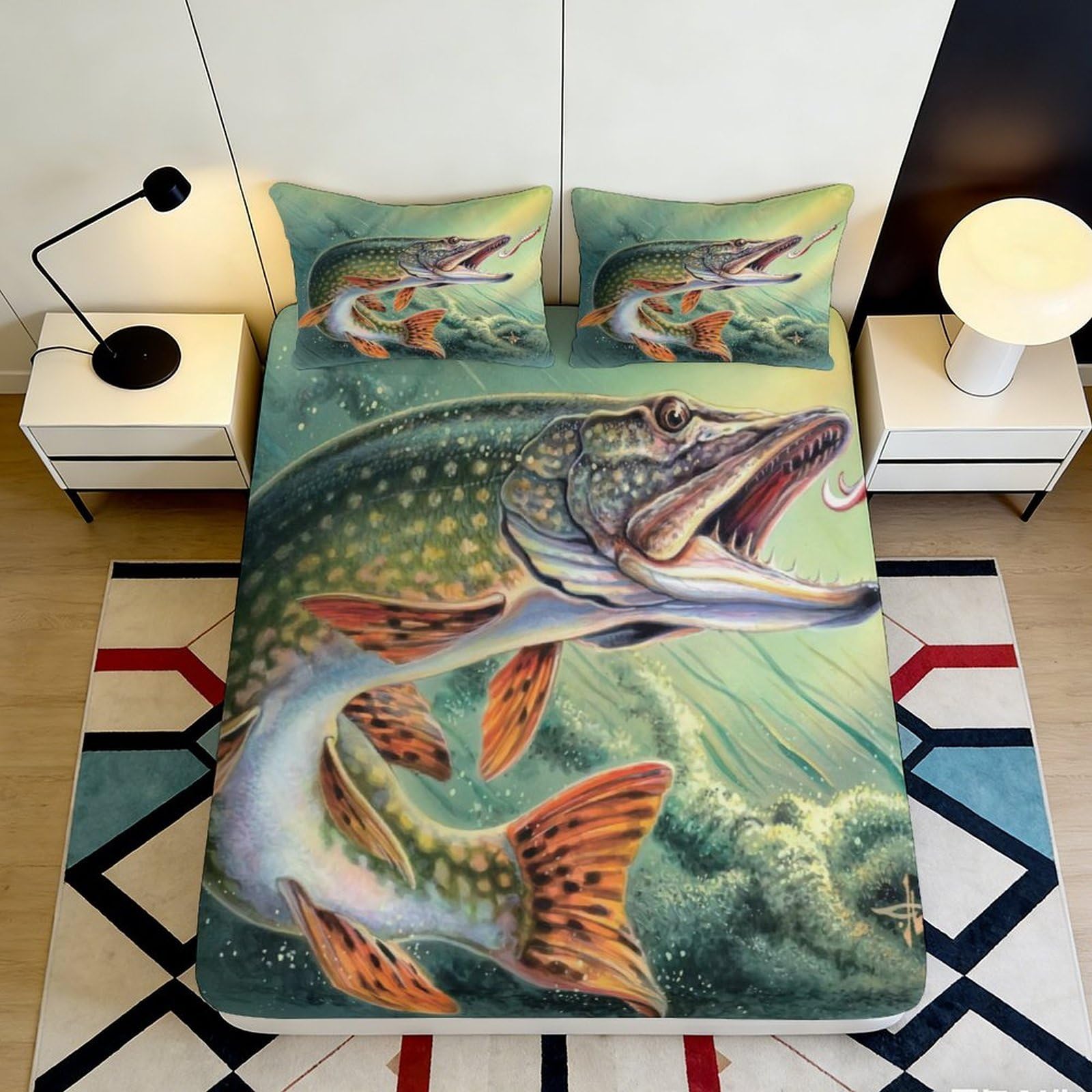 3D Printed Pike Fish Fitted Sheet Microfiber Vibrant River Trout Bed Cover for Bedroom Dorm Mattress Protection Decor 90x200x25cm