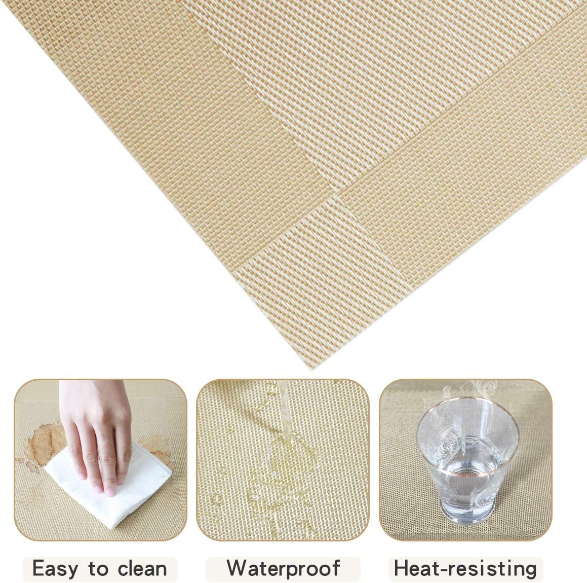 Placemats for Dining Table Non-Slip Table Mats Set of 8 Heat Stain Resistant Placemat PVC Place Mats Washable 18" X 12"Placemat for Kitchen Table Hotel Office,Gold