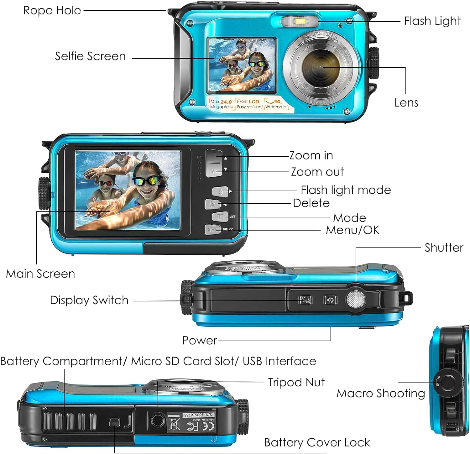 Cámara Digital a Prueba de Agua Full HD 2,7 K 48 MP Cámara Impermeable Digital Marina, Zoom Digital 16 cámaras Impermeables con micrófono LED retardador para Adolescentes Alumnos