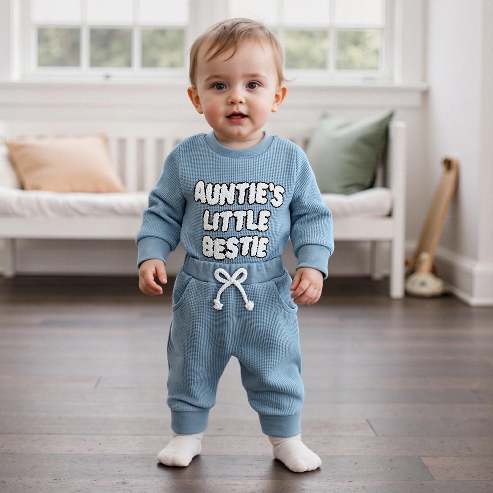 Loalirando Baby Jungen Sommer Outfit Kleidung Set Baumwolle Waffelstrick Aunties Little Bestie Langarm Oberteil + Hose Bekleidungssets für Baby-Jungen - 2