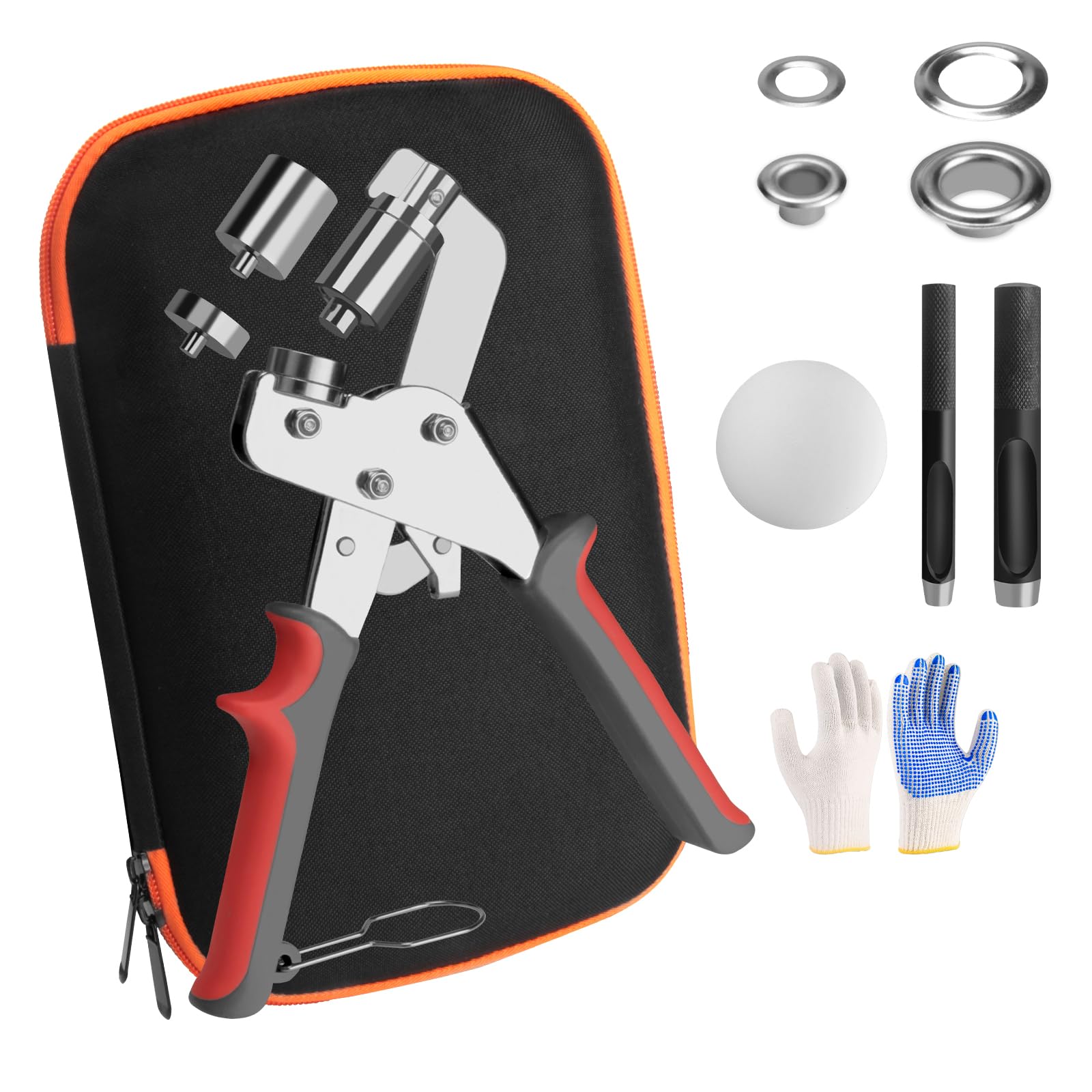 Kit de herramientas con ojales, con alicates de ojales de mano en dos tamaños, junto con 100 ojales plateados (10 mm) y 100 piezas (6 mm), herramienta de ojales para lonas, tela, cortinas de
