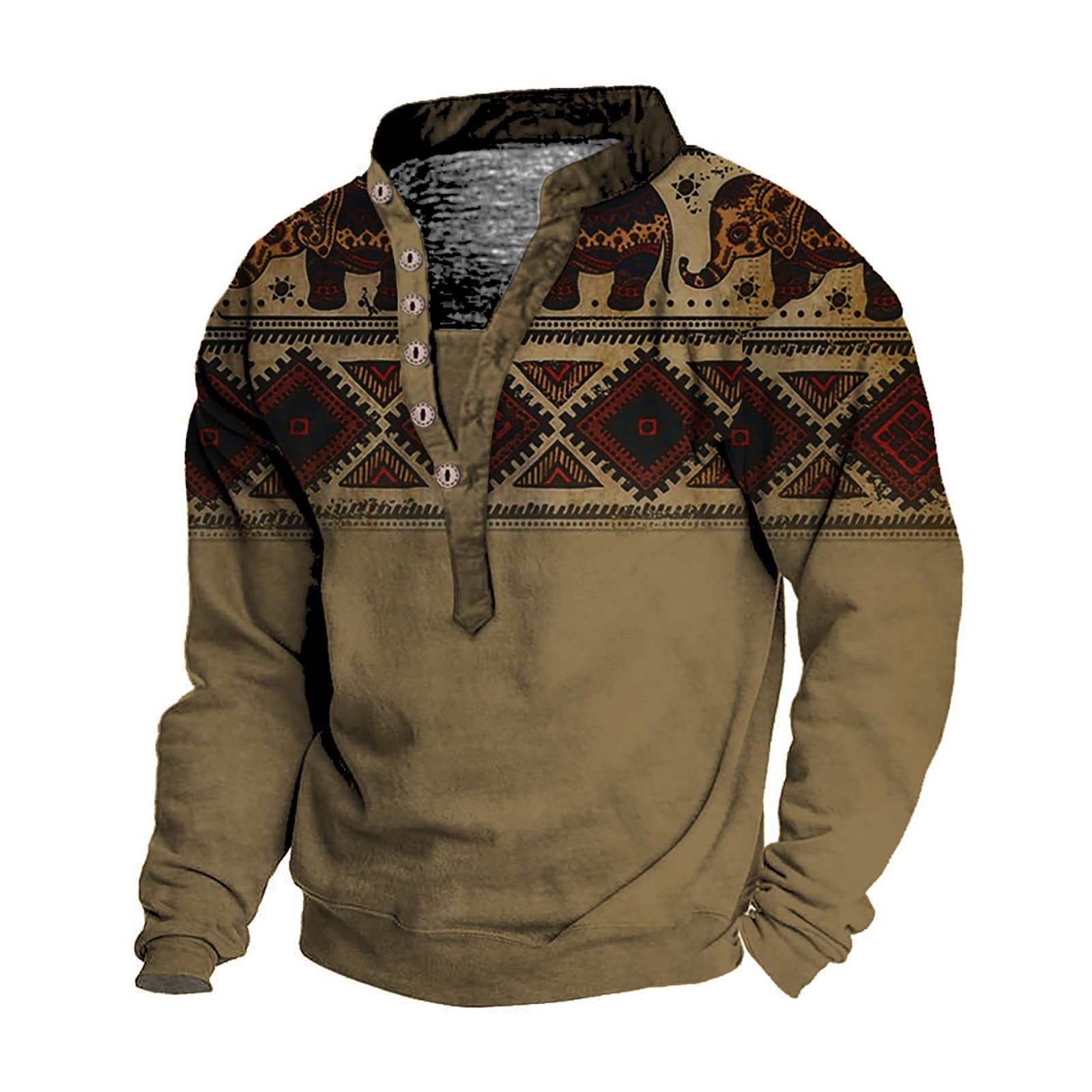 Mens 3D Digital Print Sweatshirt Casual Vintage Stand Collar 6 Button Pullover Fashuion Long Sleeve Sweater Top