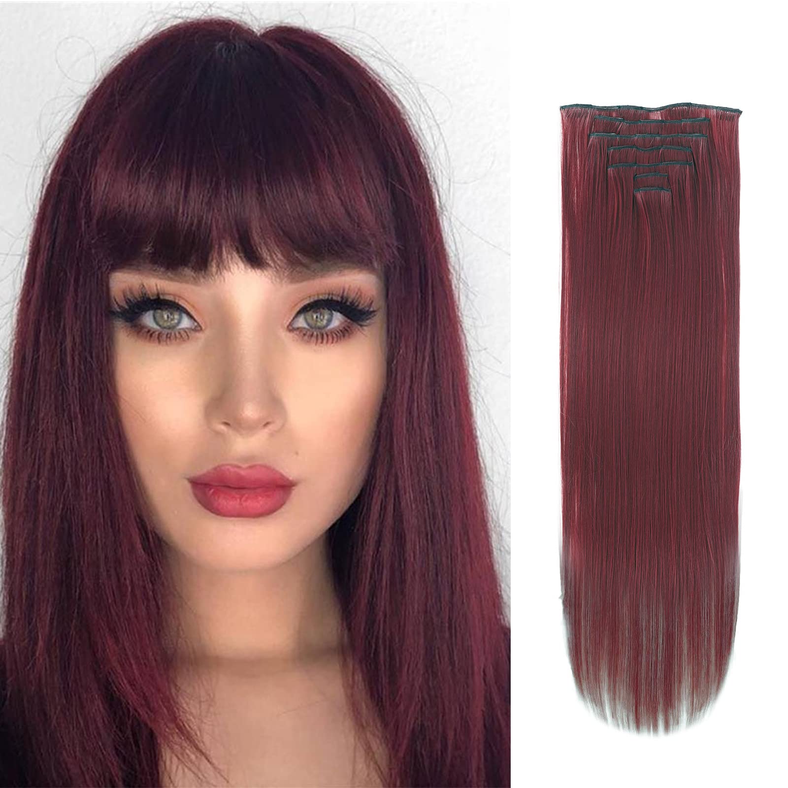 Burgundy Hair Extensions Clip in Hair Extensions for Women Wine Red Hair Extensions 7pcs Long Straight Hair Extensions Synthetic Hairpieces for Cosplay Halloween, 130g 22Inch