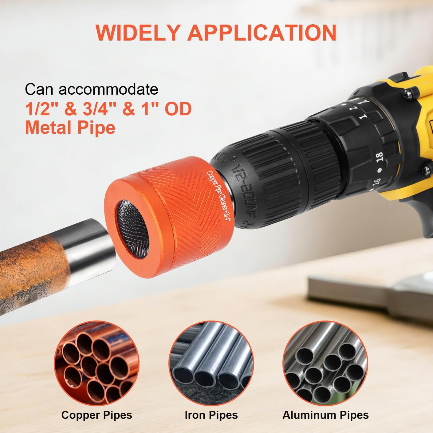 Metal Copper Pipe Cleaner Set 1/2'',3/4'',1'' - 3 Pack Copper Tube Cleaning for Drill with Replaceable Cleaner Brush Blades and Pipe Brushes(Orange)