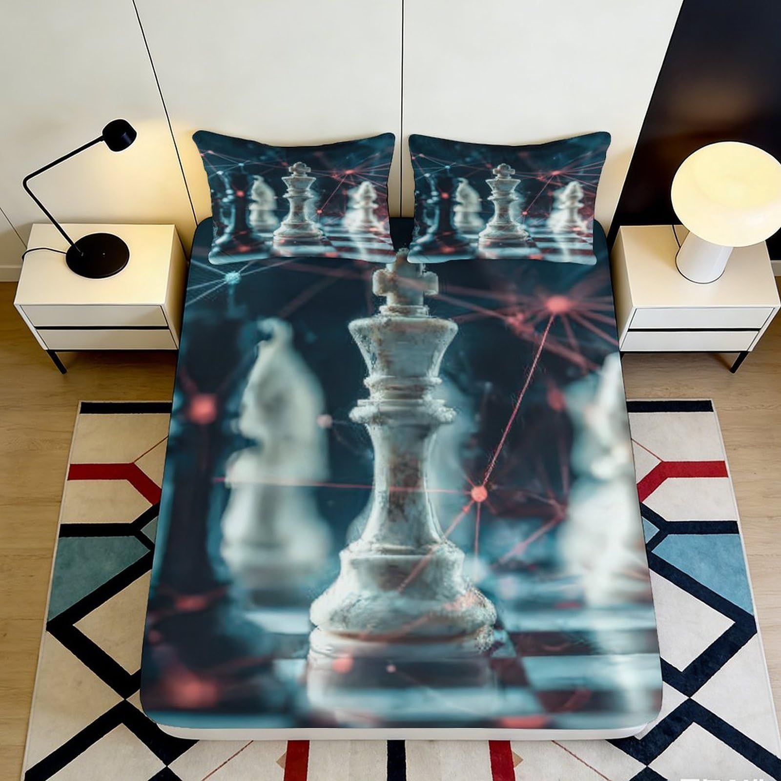 3D Printed Chess Fitted Sheet Microfiber Deep Pocket Bedroom Bedding Set Chess Mattress Fitted Cover Elastic Hem Washable 140x200x25cm