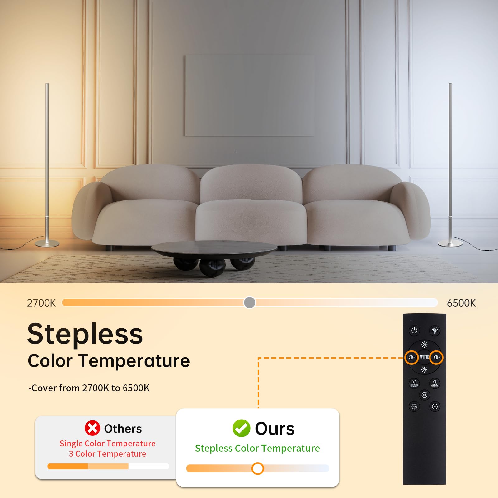 Lampade da Terra per Soggiorno, Moderna Lampada da Terra Dimmerabile Luce Angolare con Telecomando, Regolabili Continuo Colori 2700K-6500K & Luminosità, Lampada da Lettura per Ufficio, 147CM