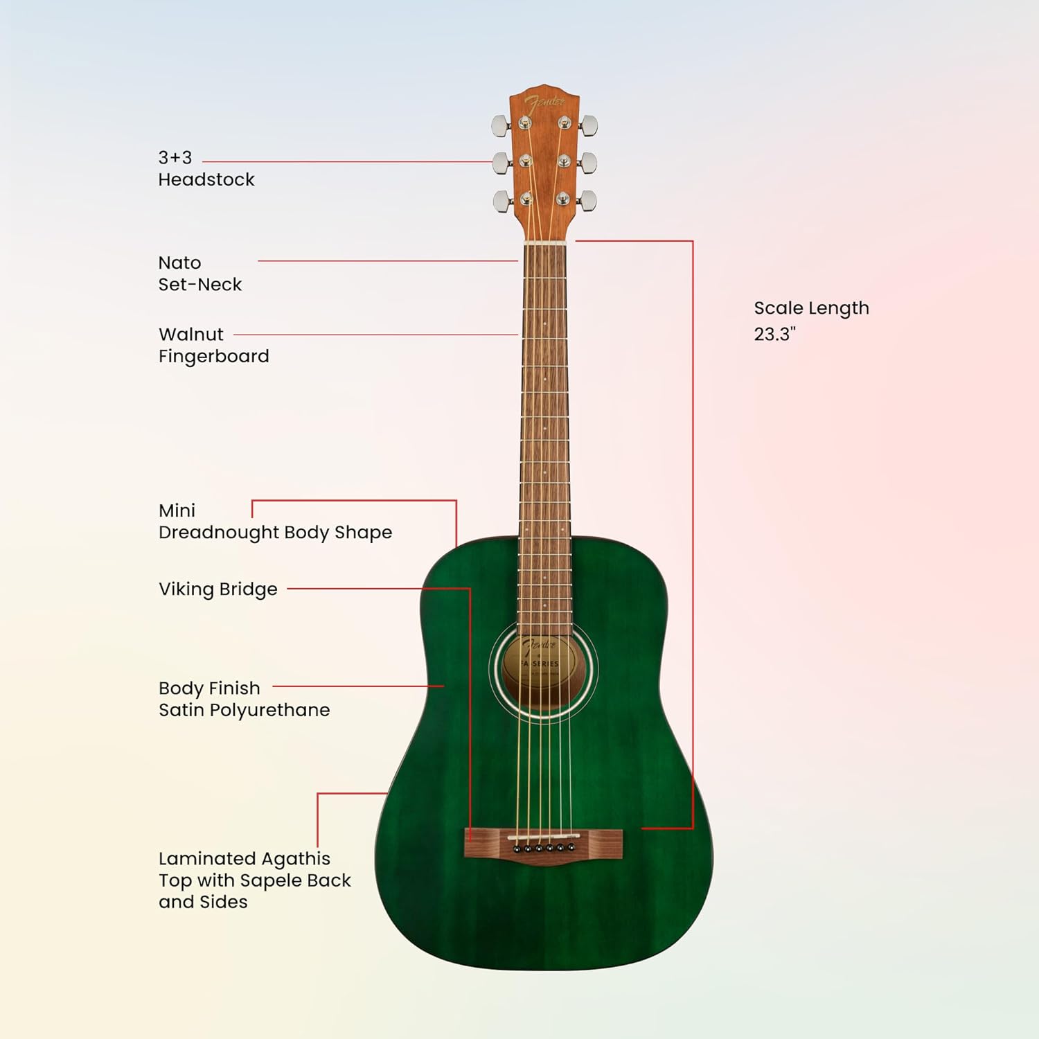 Fender FA-15 3/4-Scale Kids Steel String Acoustic Guitar - Green Learn-to-Play Bundle with Gig Bag, Tuner, Strap, Picks, and Austin Bazaar Instructional DVD