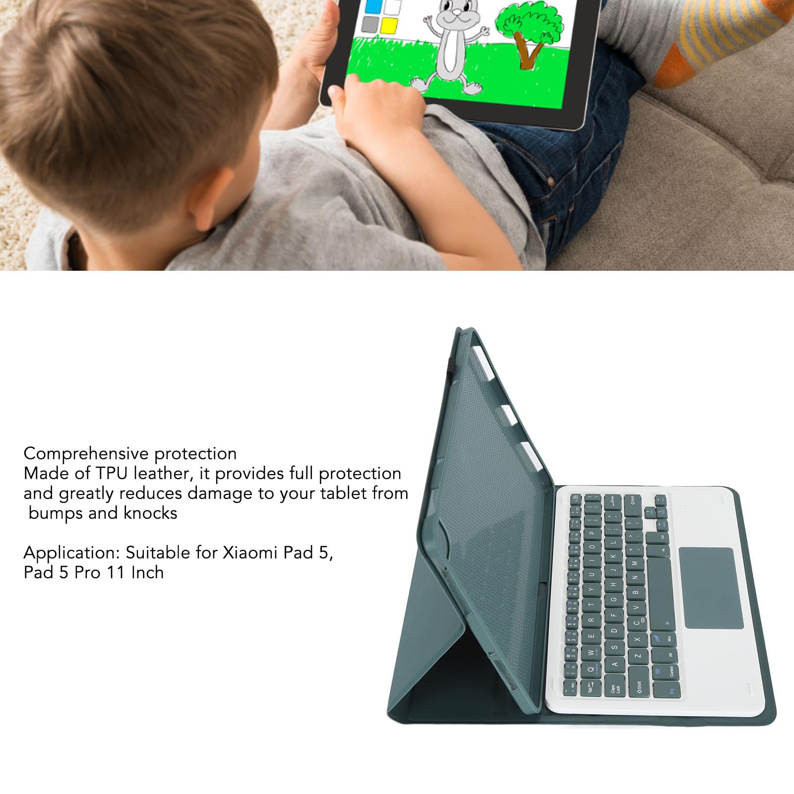 ASHATA Funda para Mi Pad 5 y 5 Pro con Teclado de 11 Pulgadas, Funda Protectora para Teclado Inalámbrico Desmontable, Delgada, Ligera, Teclado Magnético BT para Mi Pad 5 y 5 Pro (Verde