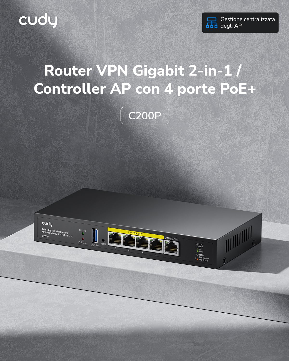 Cudy Controller AP hardware C200P e router VPN, alimentazione PoE o DC, 200APs, Captive Portal, porta USB 3.0, monitoraggio e manutenzione di rete facile e intelligente
