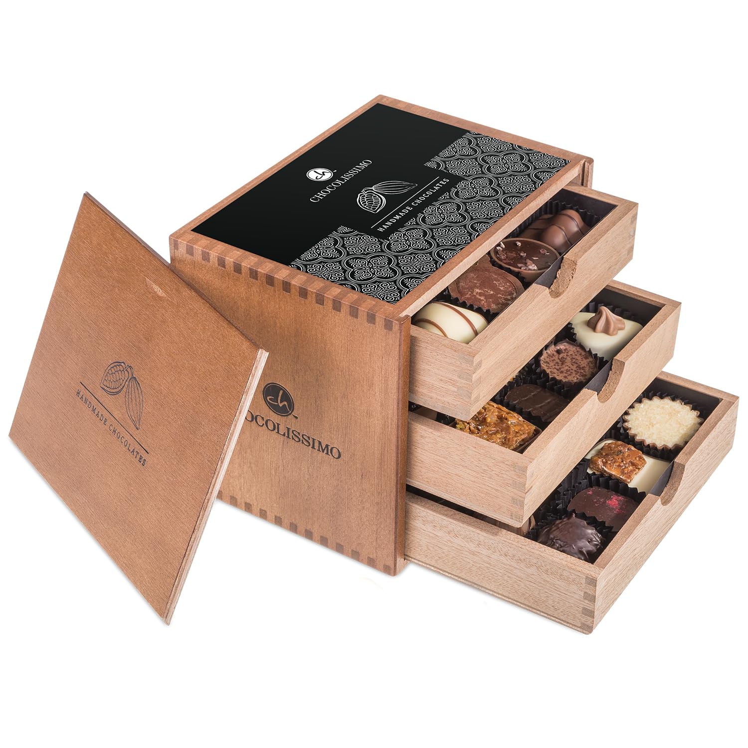 CHOCOLISSIMO - 30 Pralines Raffinées dans un Coffret en Bois, boîte bois cadeau fête des mères, chocolat haut de gamme cadeau anniversaire, cadeau maman pralines chocolat, coffret cadeau anniversaire