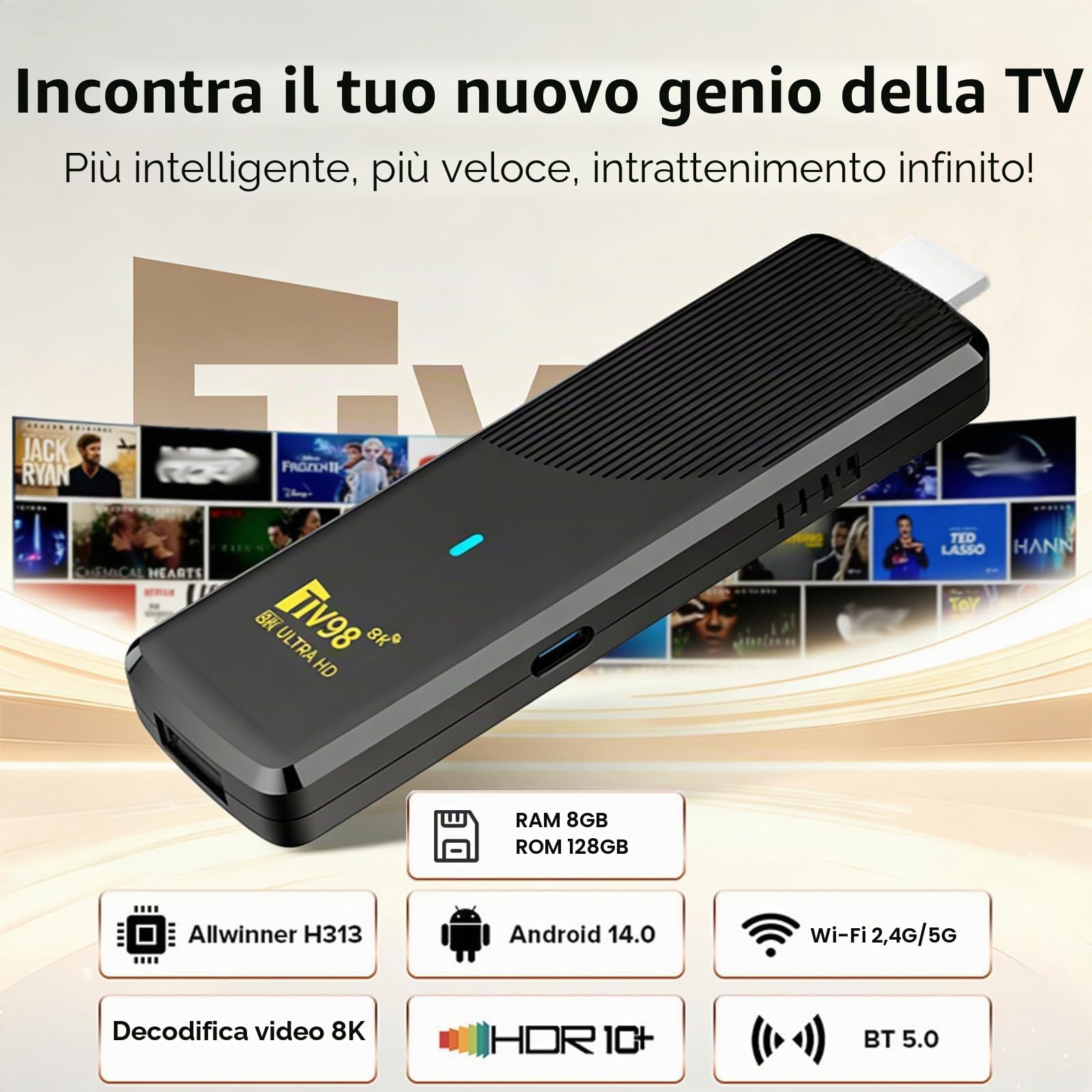 Streaming Android 14.0 TV Stick Supporta 2.4G/5G Wi-Fi Bluetooth, telecomando vocale, HDMI, 5.0 Android TV Stick 8K Ultra UHD 16 GB RAM 256 GB ROM, lettore multimediale portatile in streaming