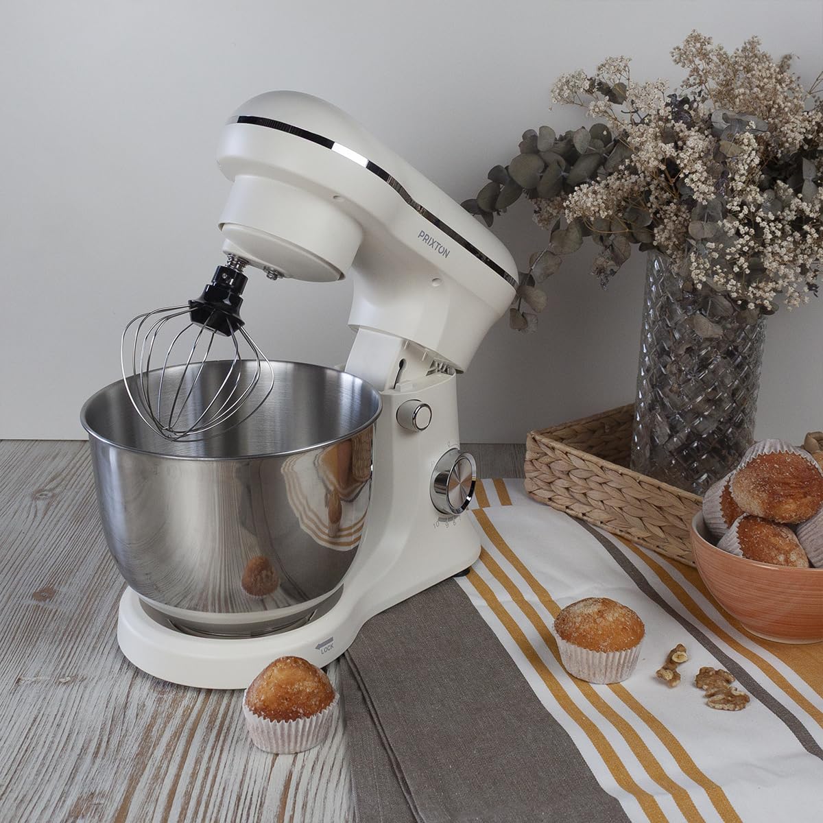 PRIXTON Batidora Amasadora KR250 para Repostería, Potencia 1500W, 10 Velocidades, Bol Acero Inoxidable de 5 litros, 3 accesorios, Tapa Transparente, Color Blanco Crema Mate (Reacondicionado)