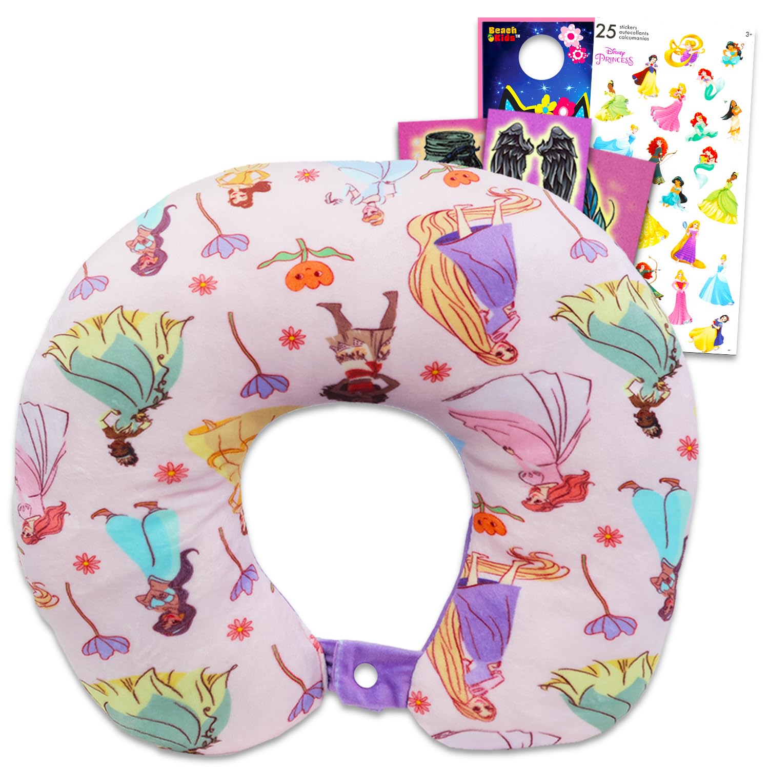 Disney Princess Travel Neck Pillow for Kids - Bundle with 13" Disney Princess Neck Pillow, Tattoos, Stickers, More | Disney Princess Travel