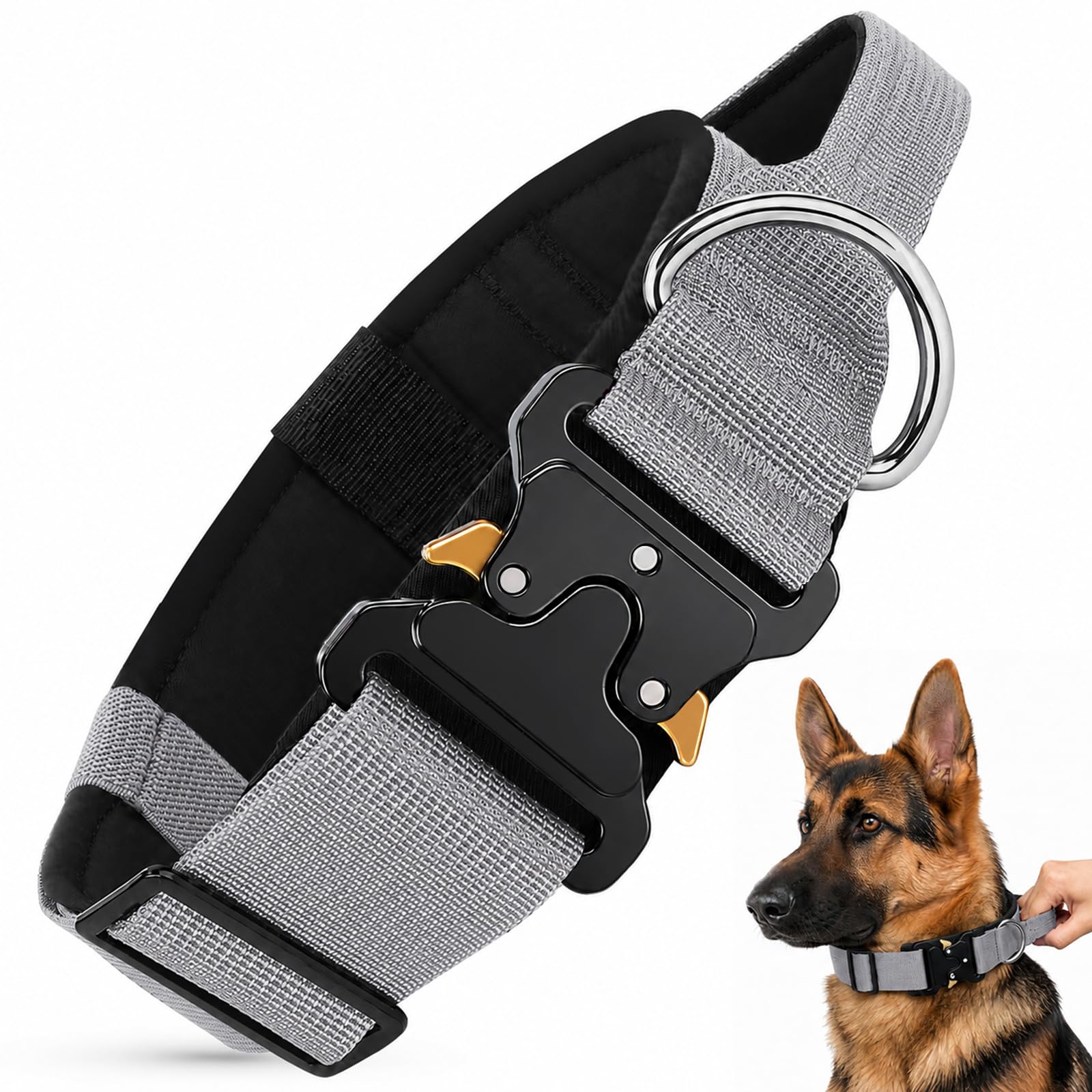 Tactical Dog Collar for Medium Large Dogs, Wide Heavy Duty Dog Collars with Handle and Metal Buckle, Adjustable Padded Collar for Dogs Outdoor Walking and Training (Grey, L)