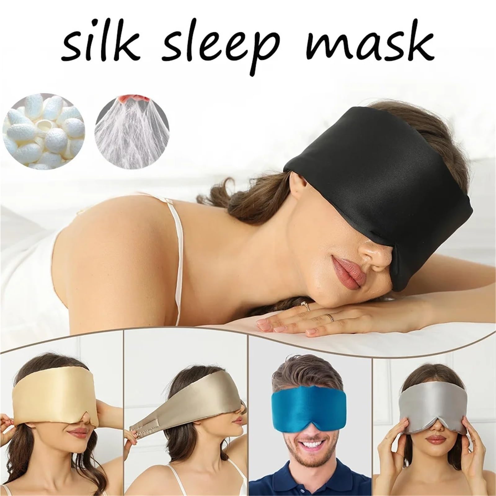 Seiden-Augenmaske 3-teilige Schlafmaske aus Maulbeerseide, Augenmaske mit verstellbarem Kopfband, Augenklappe, die Licht blockiert, for das Nickerchen auf Reisen FüR Schlaf(Blue)