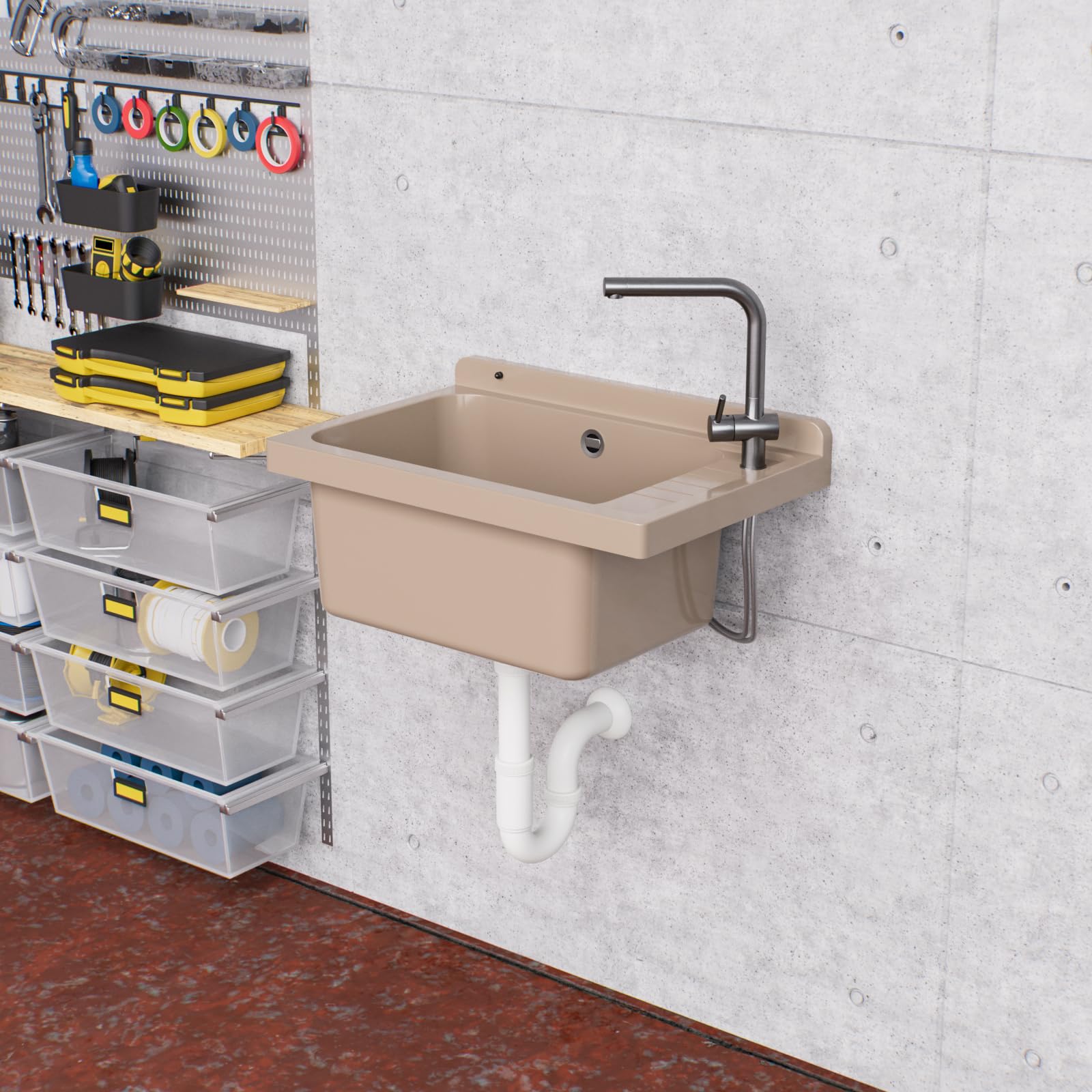 Lavandino, catino, lavandino in plastica per esterno, giardino, garage, cantina, stanza di lavaggio, officina (Beige)