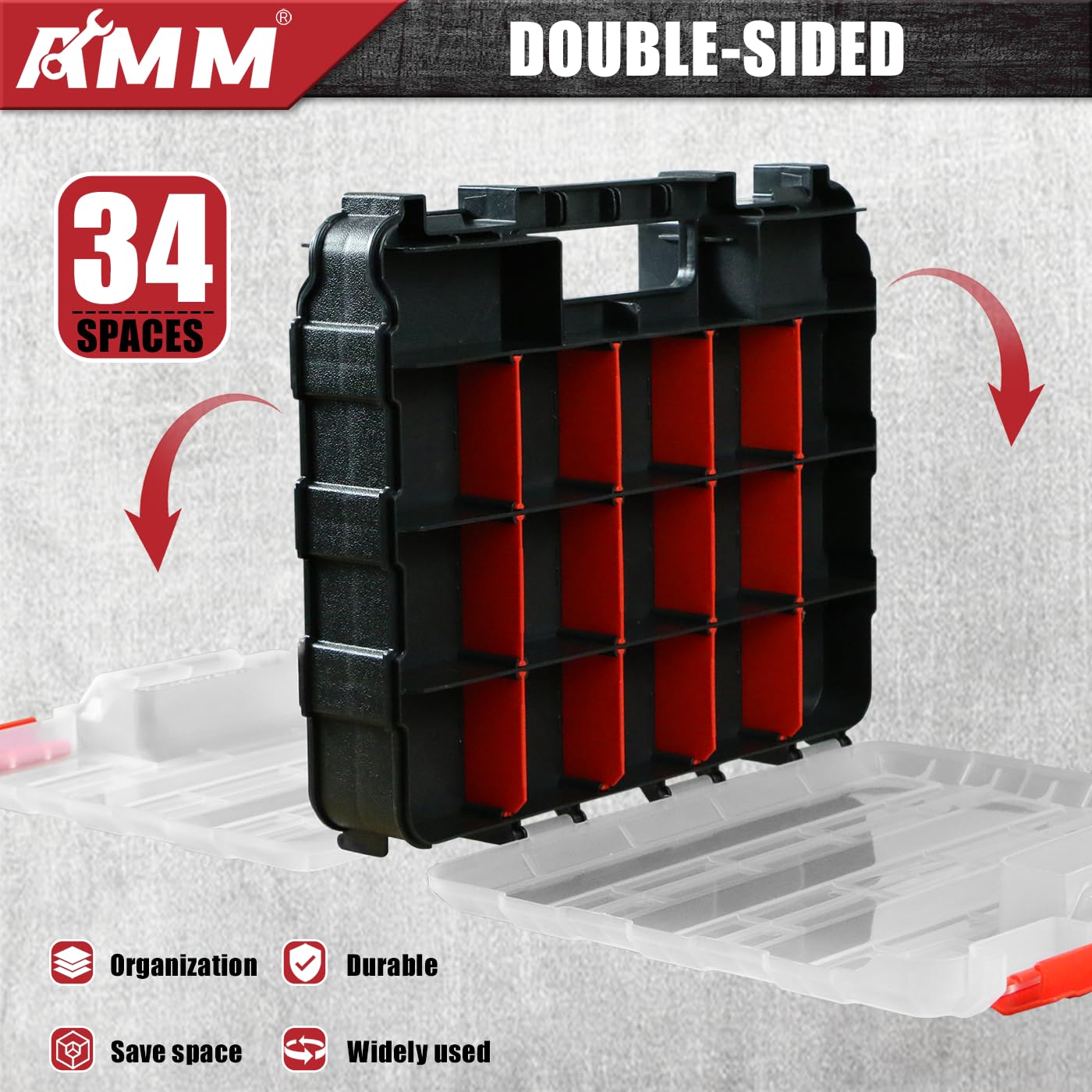 AMM Paquete de 2 organizadores de herramientas de doble cara con separadores extraíbles, 34 compartimentos para piezas pequeñas, organizador de tornillos para tornillos, tuercas, clavos, pernos