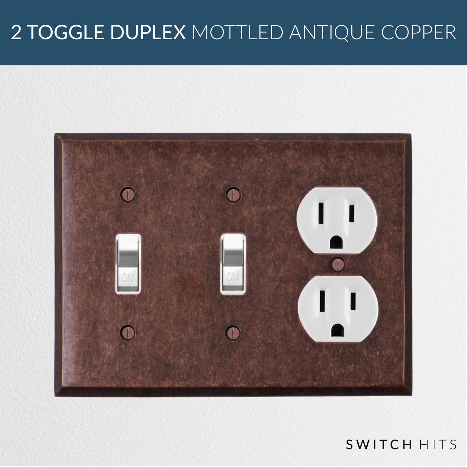 Switch Hits Mottled Antique Copper Outlet Wall Plate | 2 Toggle - 1 Duplex | 6.25" x 4.5" | Hand-Polished Brass Construction | Electrical Switch Plate Cover for All Configurations