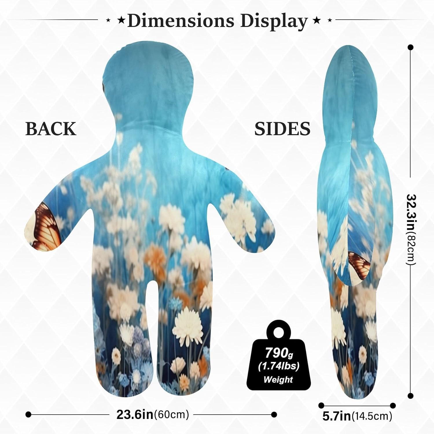 Blue Flowers1 Human-Shaped Pillow Soft Body Pillows Washable Velvet Pillows for Anxiety Relief Sleeping Cuddling & Support