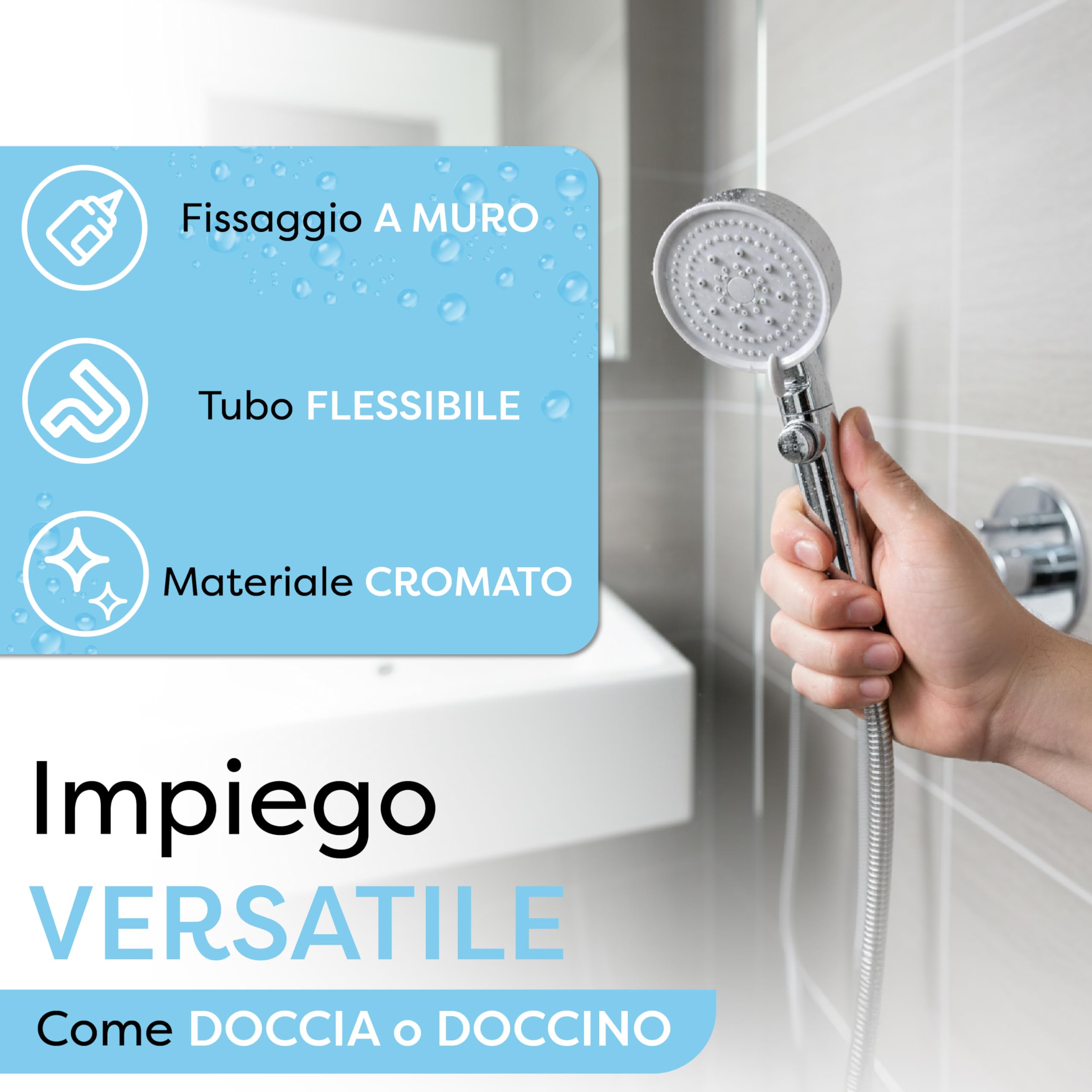 Soffione Doccia Anticalcare con Tubo 1,5m e Supporto Adesivo Senza Forare – Kit Completo con Attacco Universale, Getto Potente, Installazione Senza Trapano - 5