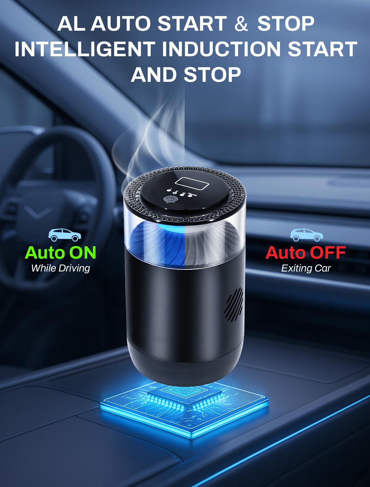 Ambientador inteligente para coche, fragancia de luz ambiental y niebla, paquete de 2 recambios para 6 meses, encendido/apagado automático, 3 modos ajustables, ambientador negro perfecto para coche