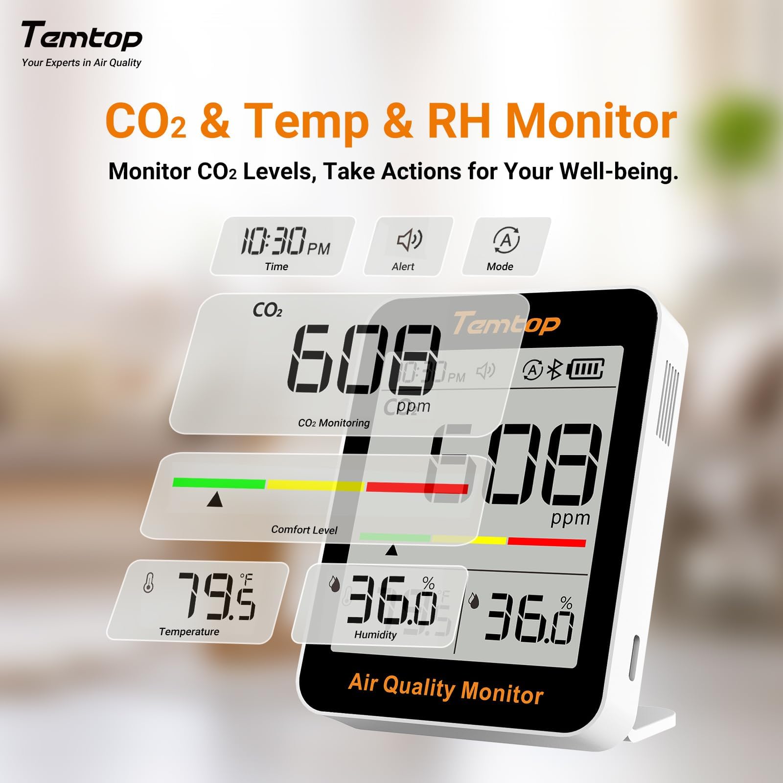 Temtop Monitor CO2 Wewnętrzny monitor jakości powietrza z łącznością BLE App, przenośny miernik CO2, temperatura, wilgotność powietrza do domu, biura lub szkoły C1+