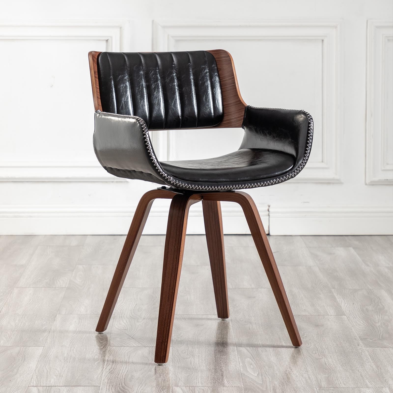 LUNLING Swivel Accent Faux Leather Dining Chairs, Mid Century Modern Chairs with Wooden Legs/Armrest/Upholstered Seat/Adjustable Foots for Kitchen Dining Room Desk Chairs,Black,1PCS