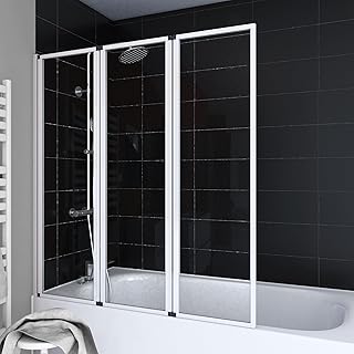 Marwell Badewannenfaltwand weiß 3-teilig 125x143 cm, Schwenkbare Duschwand für Badewanne, 4 mm Sicherheitsglas, Aluminiumprofile ohne sichtbare Verschraubungen, beidseitig montierbar