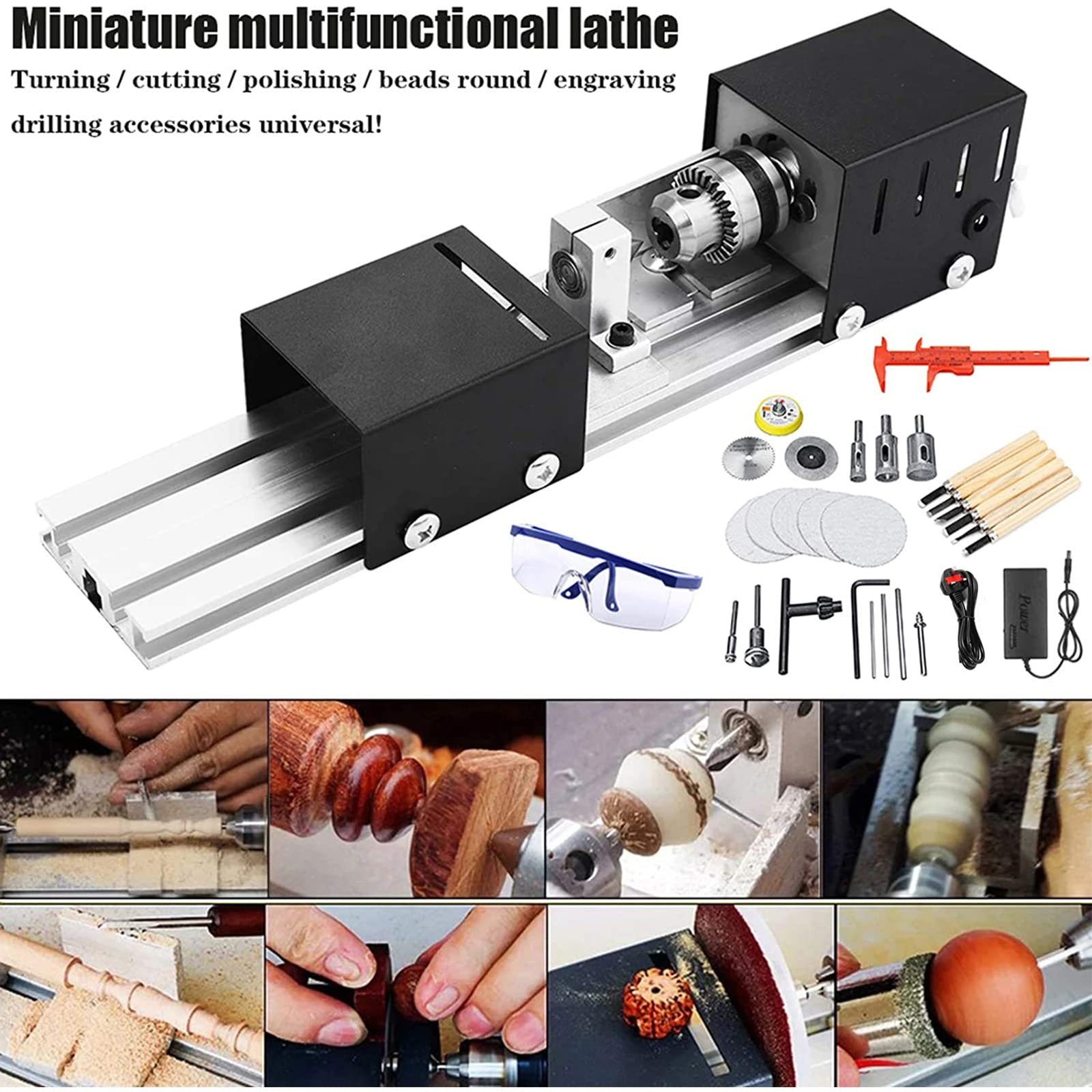 Mini Torno Madera 100 W, Miniatura Torno De Pulido Y Pulido De Cuentas, 7000 Rpm Trabajo De Madera DIY Torneado Máquina, Mini Beads Machine, Herramienta De Pulido Rotary