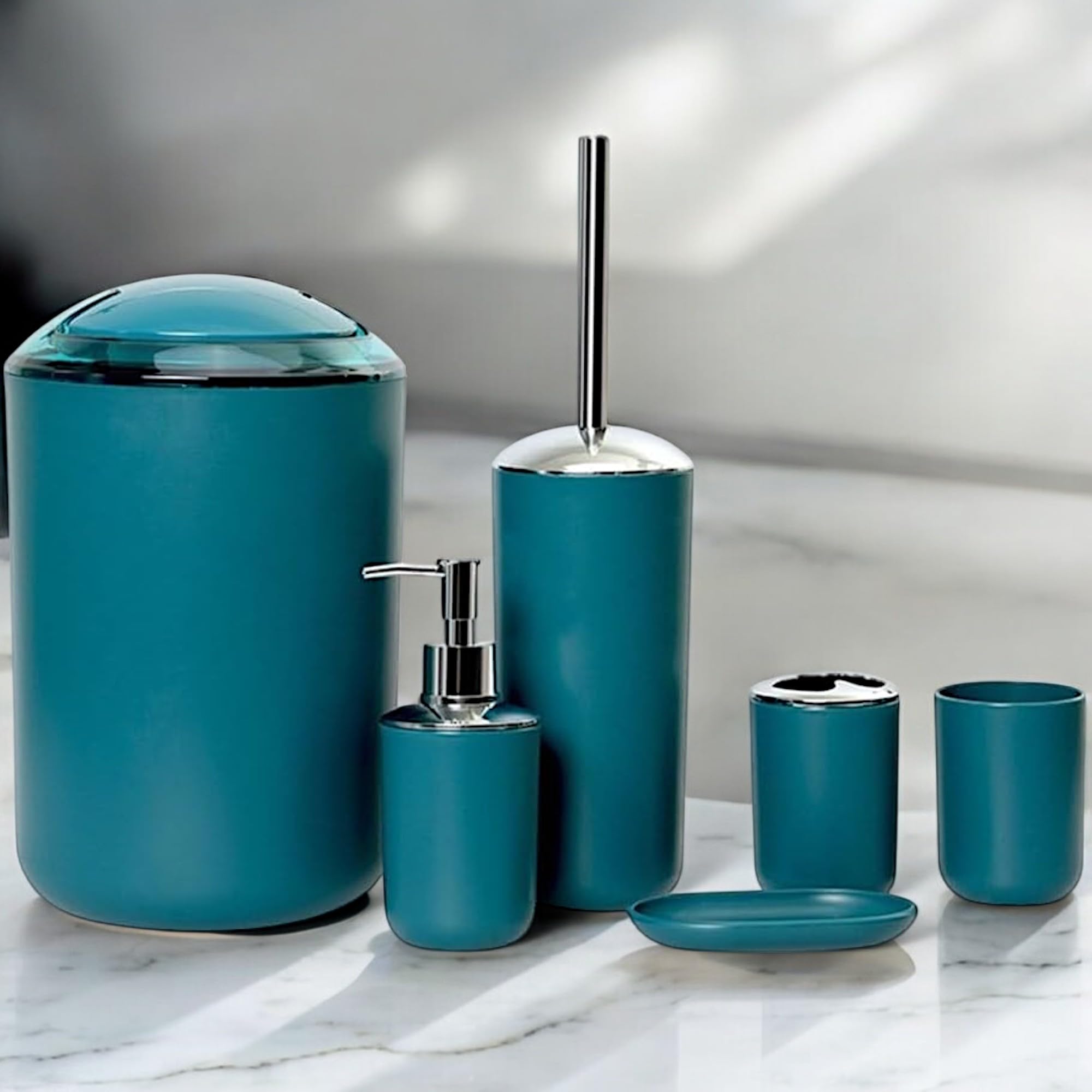 GMMH Juego de 6 accesorios para el cuarto de baño, dispensador de jabón, escobilla para el inodoro, diseño 3 en turquesa oscuro