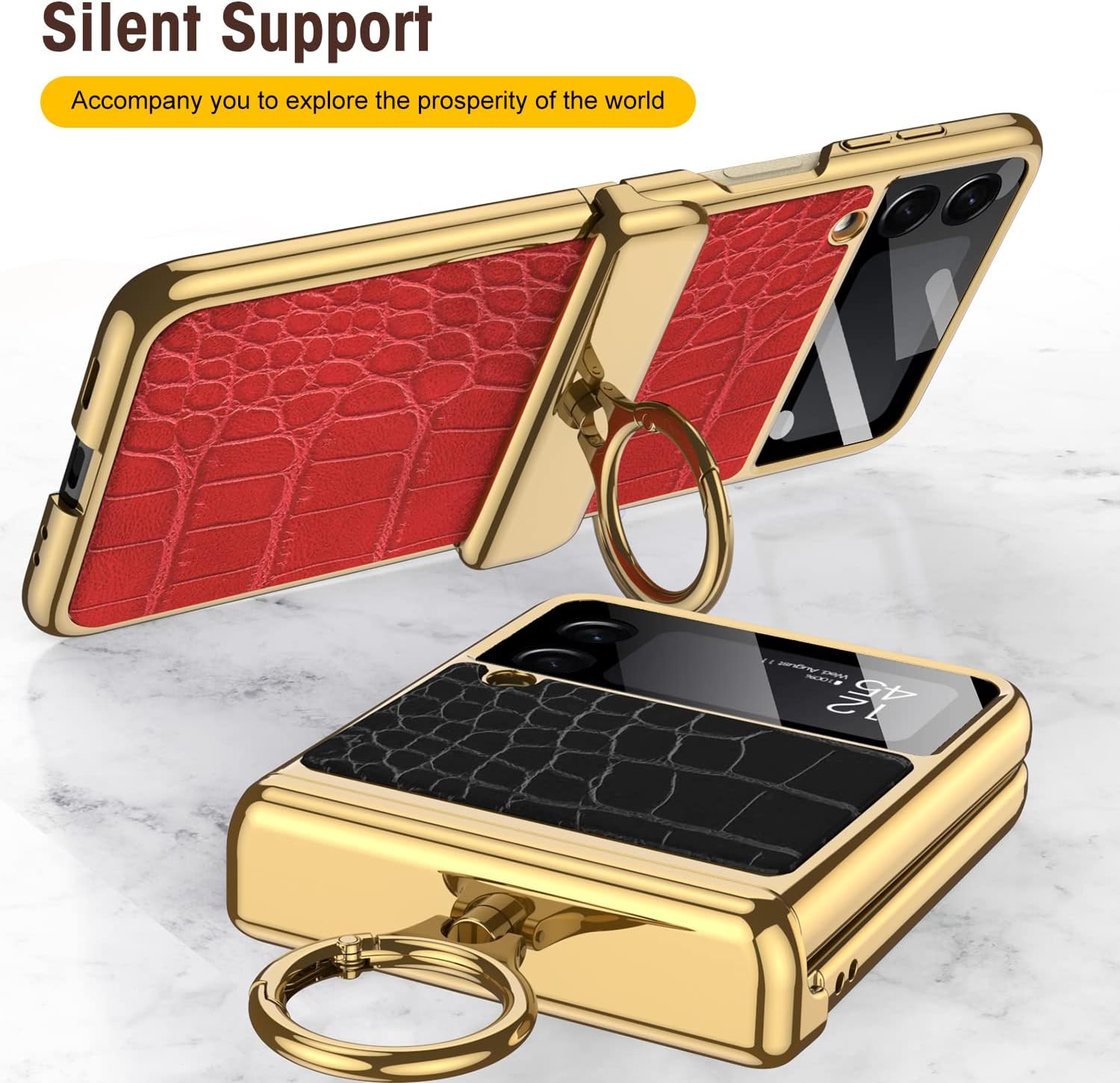 for Z Flip 4,Samsung Galaxy Z Flip 4 2022 Case with Ring Stand Luxury Crocodile Skin Leather Electroplated Magnetic Hinge Camera Lens Protector Case for Galaxy Z Flip 4 5G Women Girls