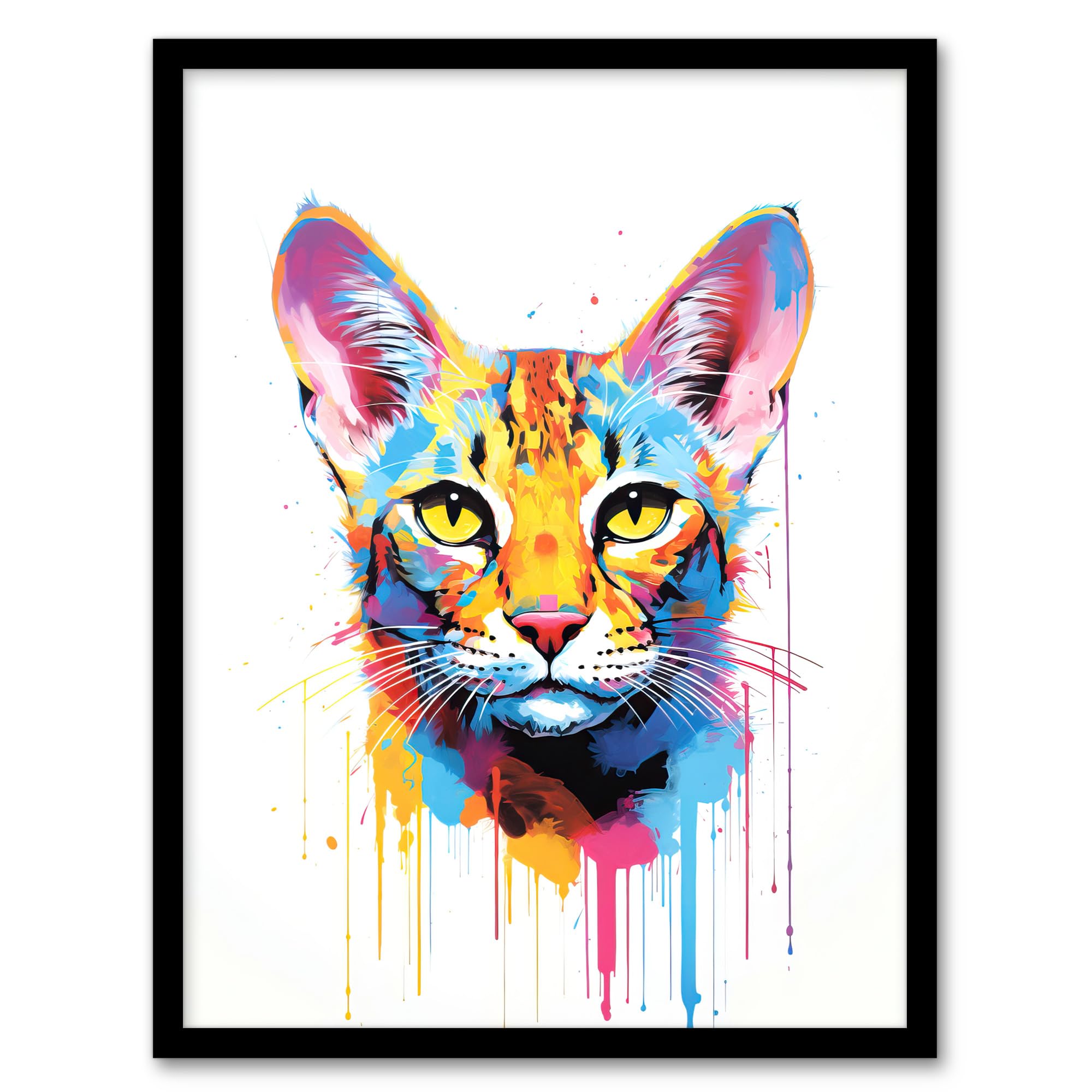 Artery8 Savannah Cat Lover Gift Pet Portrait Orange Blue Pink Artwork Painting Artwork Framed Wall Art Print 18X24 Inch