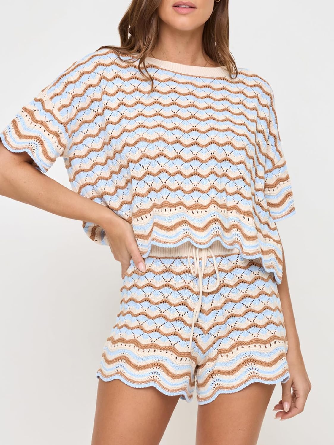 Crochet Sets Two Piece Women Y2k Striped Short Sleeve Hollow Out Top Ruffled Drawstring Shorts Set Beach Cover Up Set