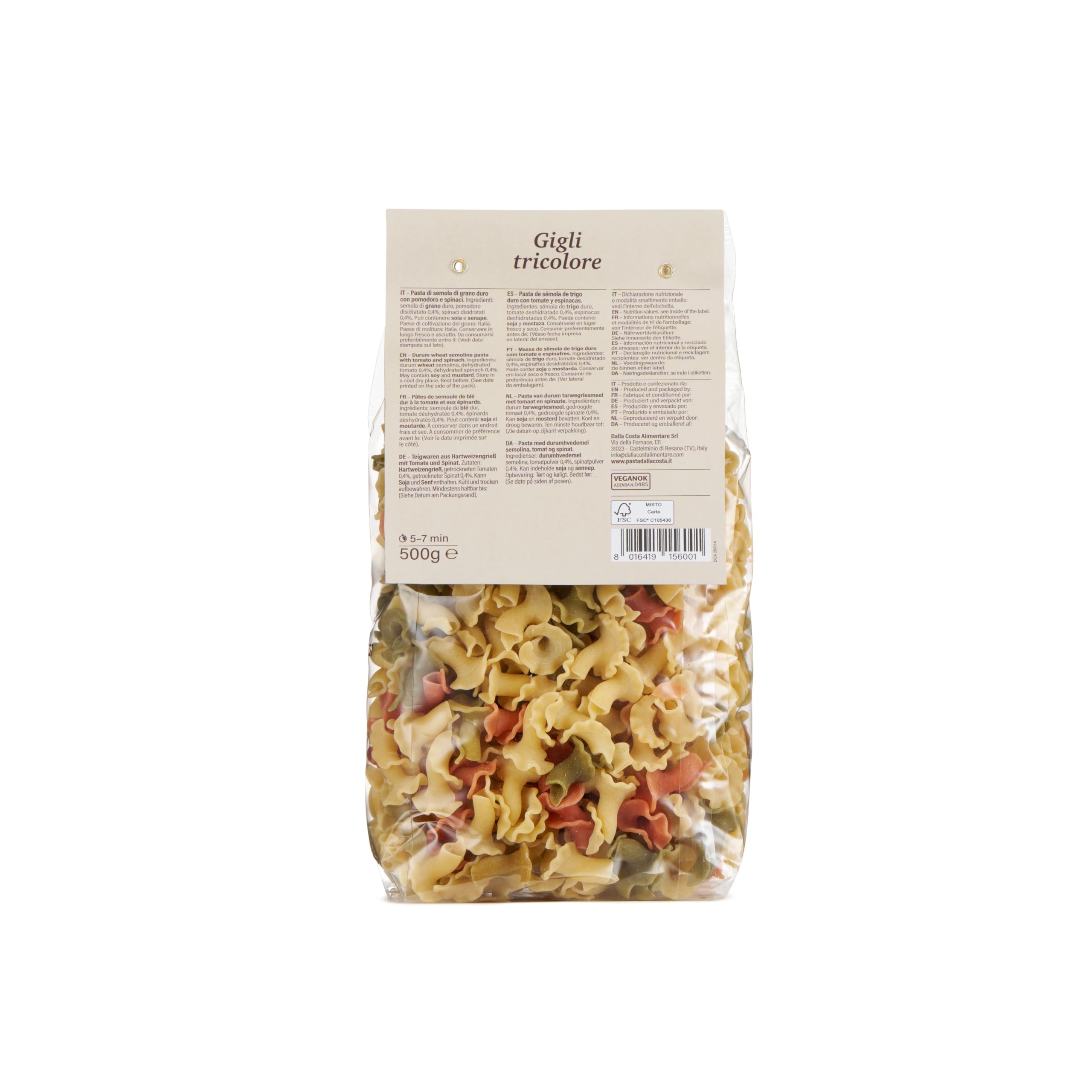 Dalla Costa Gigli Tricolores con Tomate y Espinacas. Made in Italy. Paquete Ahorro 12x500 gramos