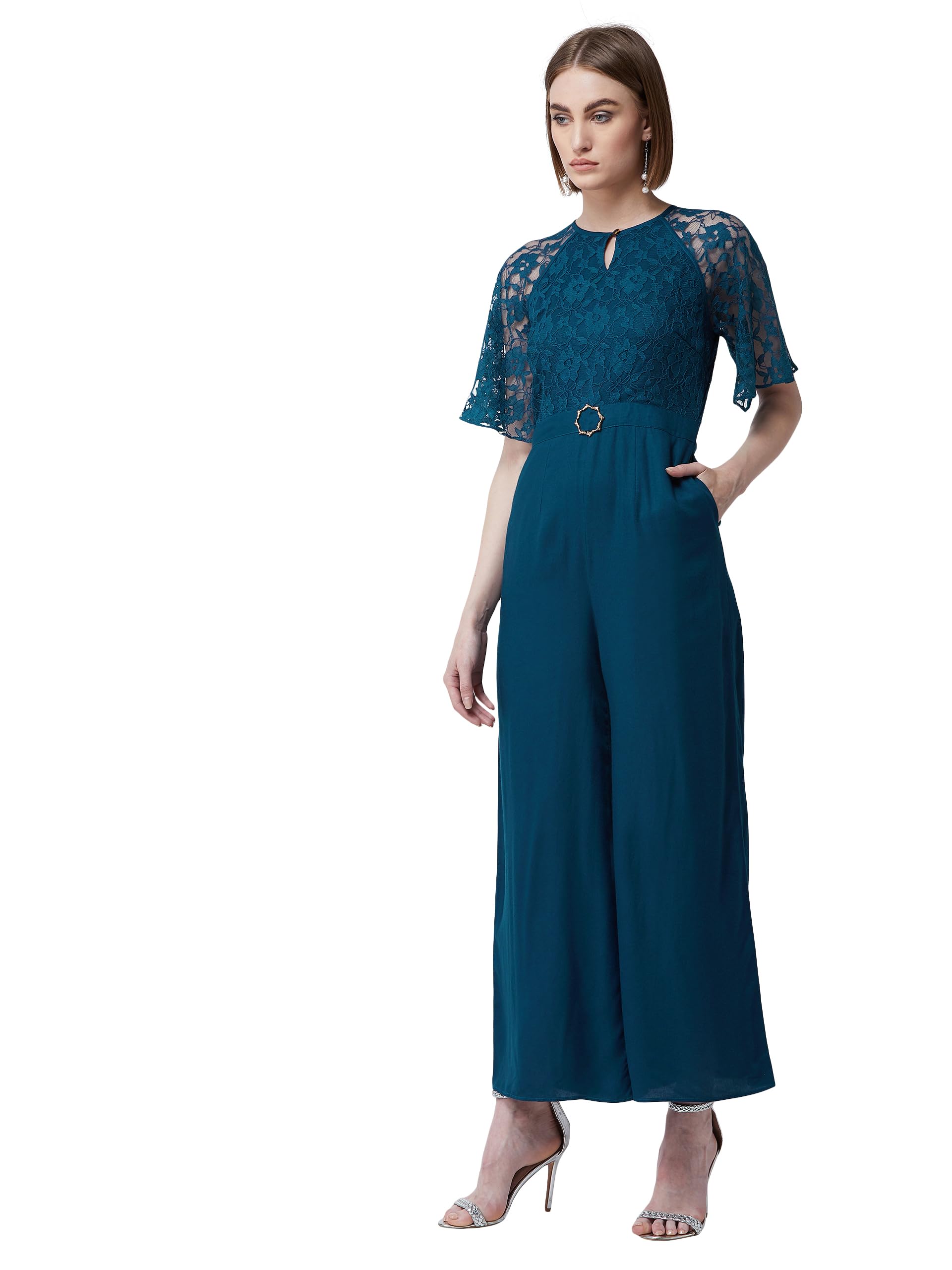 Women's Round Neck Flared Sleeve Floral Regular Jumpsuit with Pockets