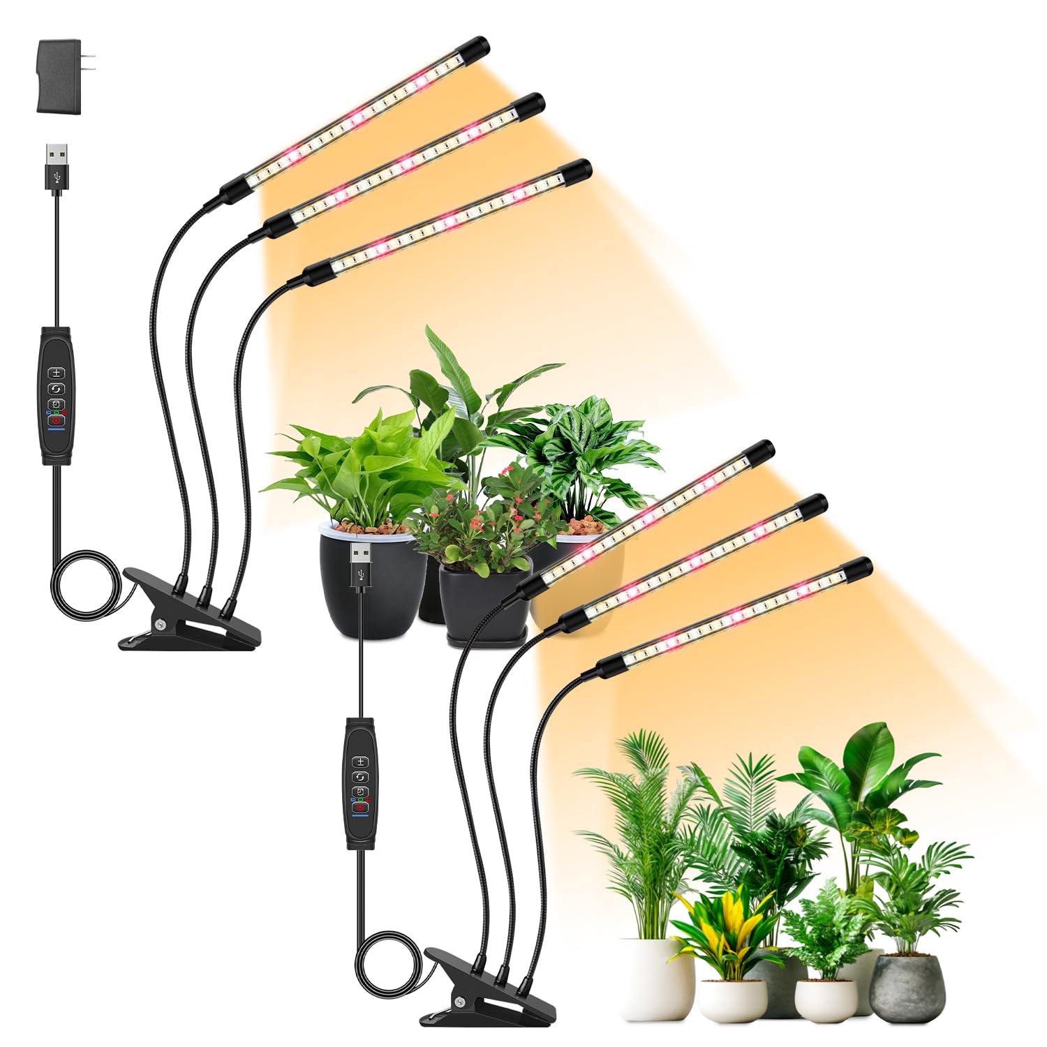 Full Spectrum LED Grow Light for Indoor Plants, 3Heads Grow Lights for Seed Starting, 10 Dimmable Levels & 3 Timer Modes (3/9/12H), Adjustable 360 Gooseneck with Clip, Plant Grow Light 2 Pack 3 Head 2 Pack