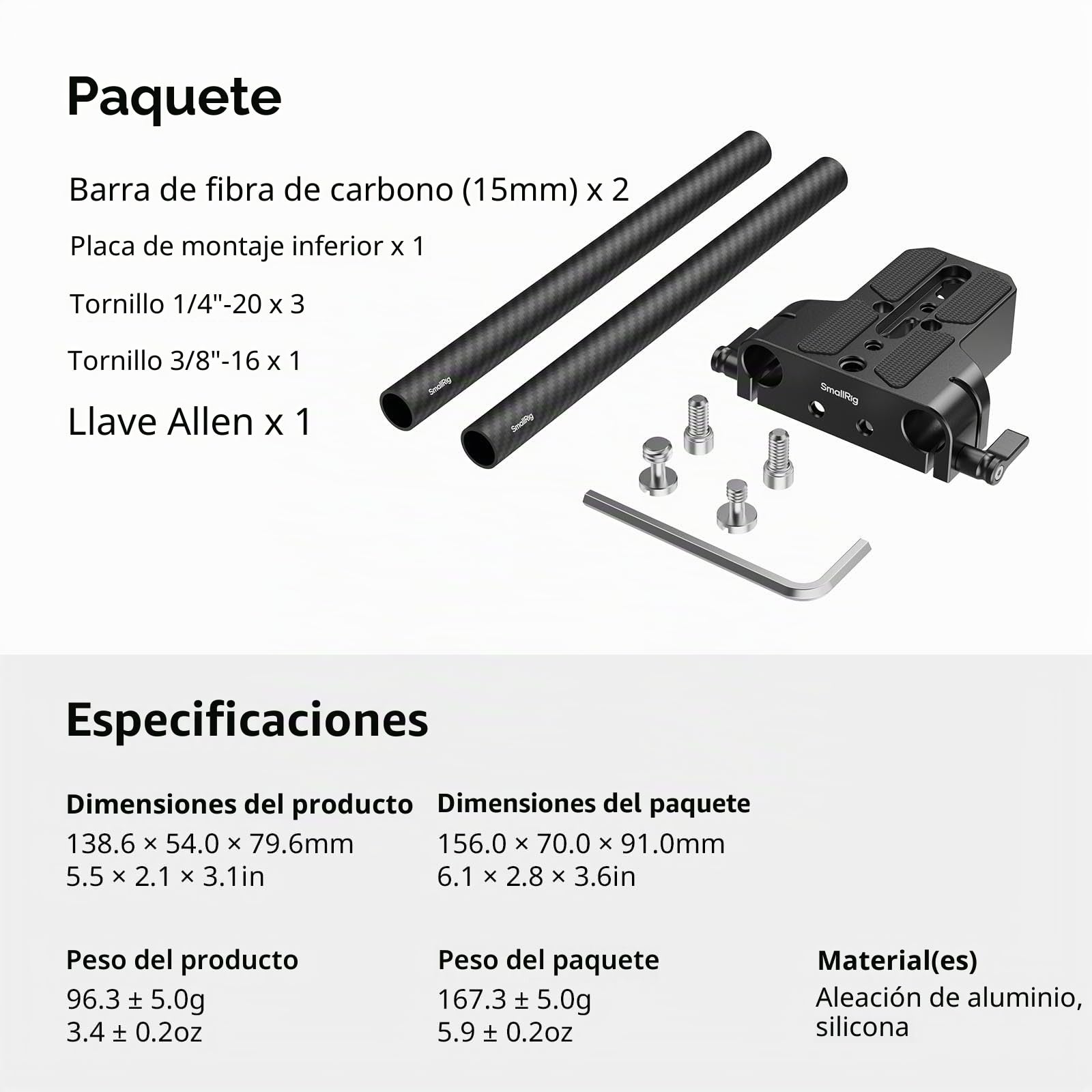 SMALLRIG Kit de Placa Base con Abrazadera para Rieles 15mm LWS, Varillas de Fibra de Carbono 20cm, para Sony A6500/A6600/A6300, Canon R5/R6, Sony A7SIII/A7III - 5609