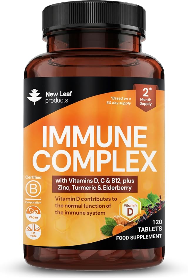 Vitamin D3 Immune Booster Complex - with Vitamins D,C, B12, Zinc, Turmeric & Elderberry - Immune Support - Made in the UK - Immunity Booster by New Leaf 120 Tablets