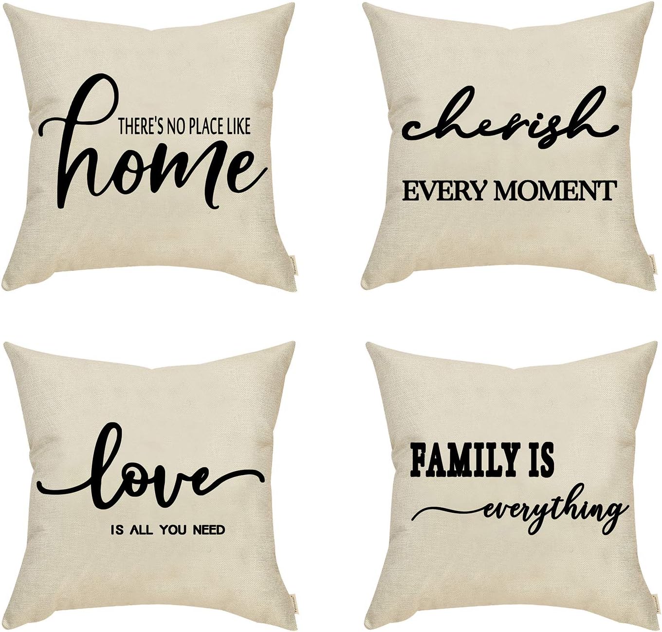Fahrendom Set of 4 Farmhouse Décor There is No Place Like Home, Love is All You Need, Family is Everything, Cherish Every Moment Sign Decorative Throw Pillow Cover Cotton Linen Sofa Couch 18 x 18 in